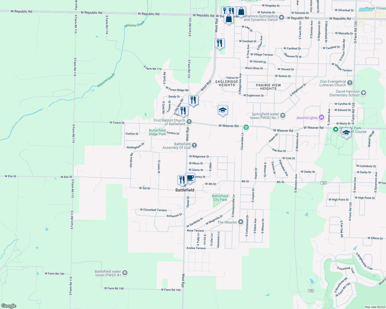 map of restaurants, bars, coffee shops, grocery stores, and more near 4231 Ridgeview Street in Battlefield