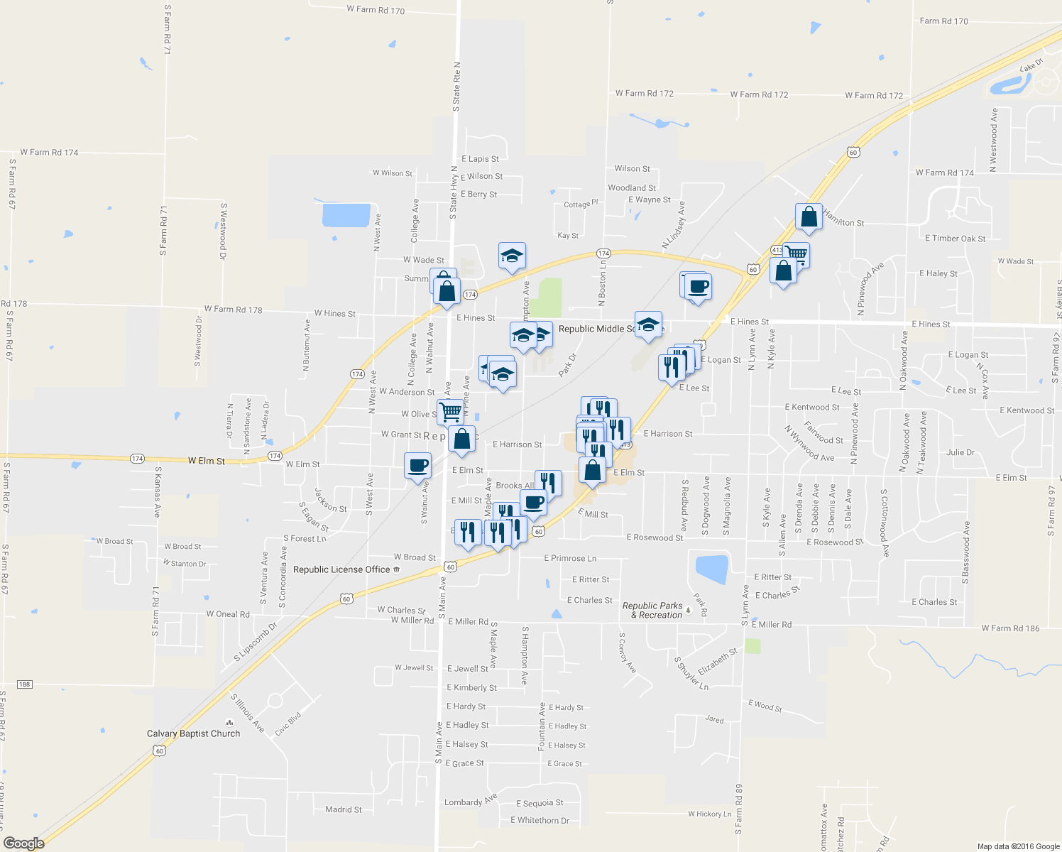 map of restaurants, bars, coffee shops, grocery stores, and more near 226 North Hampton Avenue in Republic