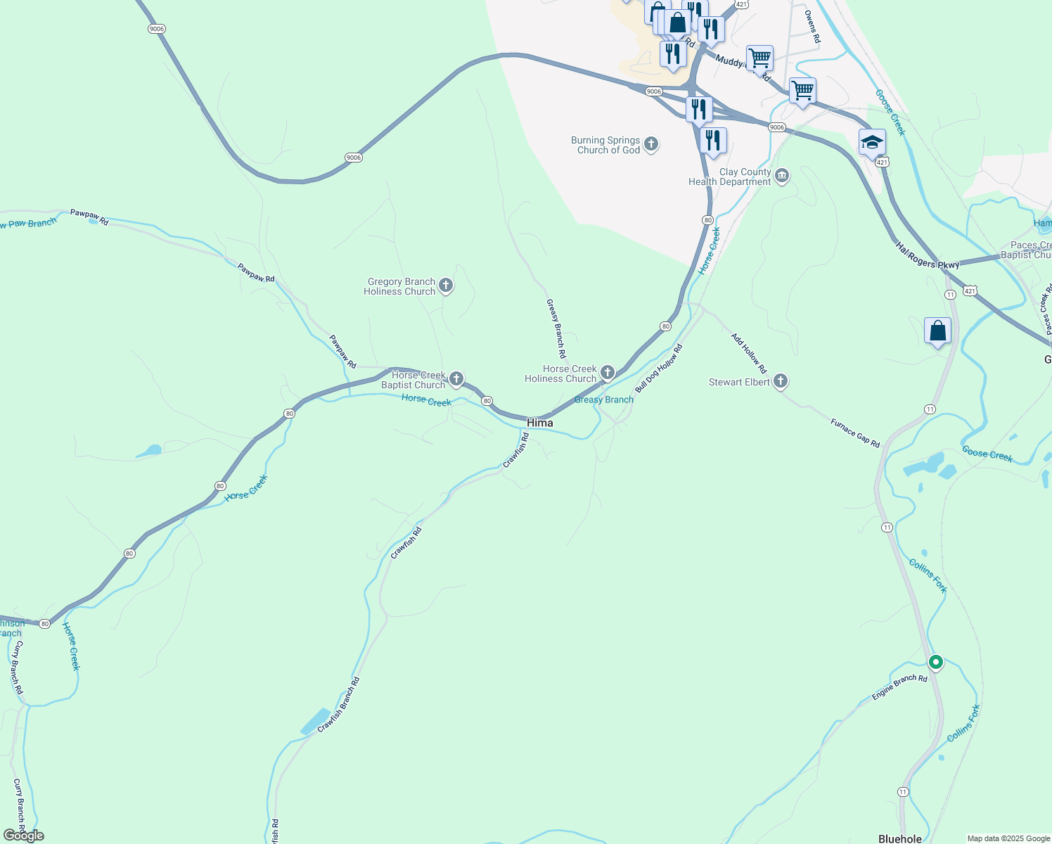 map of restaurants, bars, coffee shops, grocery stores, and more near 1579 Kentucky 80 in Hima