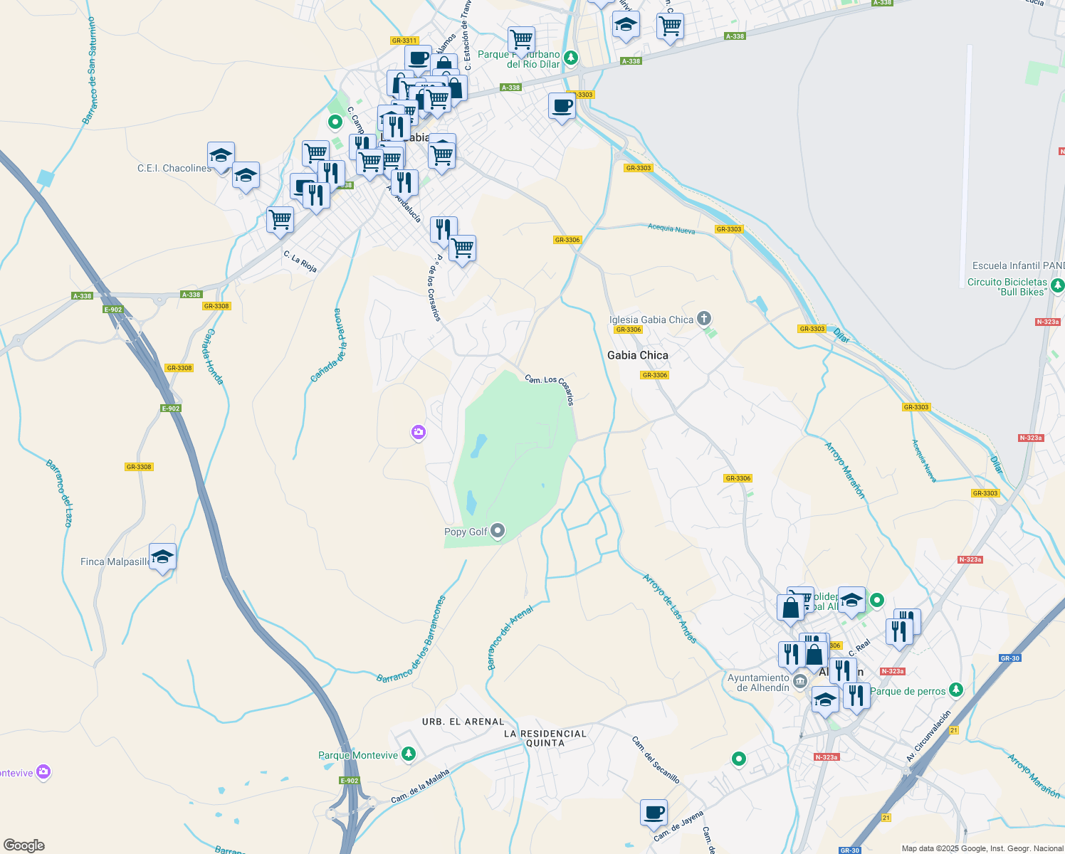 map of restaurants, bars, coffee shops, grocery stores, and more near 10 Calle Campo Santo in Las Gabias