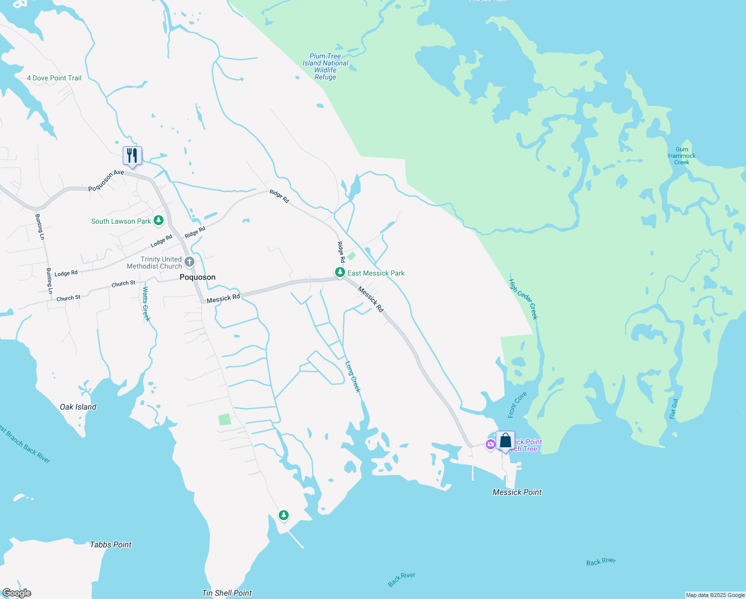map of restaurants, bars, coffee shops, grocery stores, and more near 185 Messick Road in Poquoson