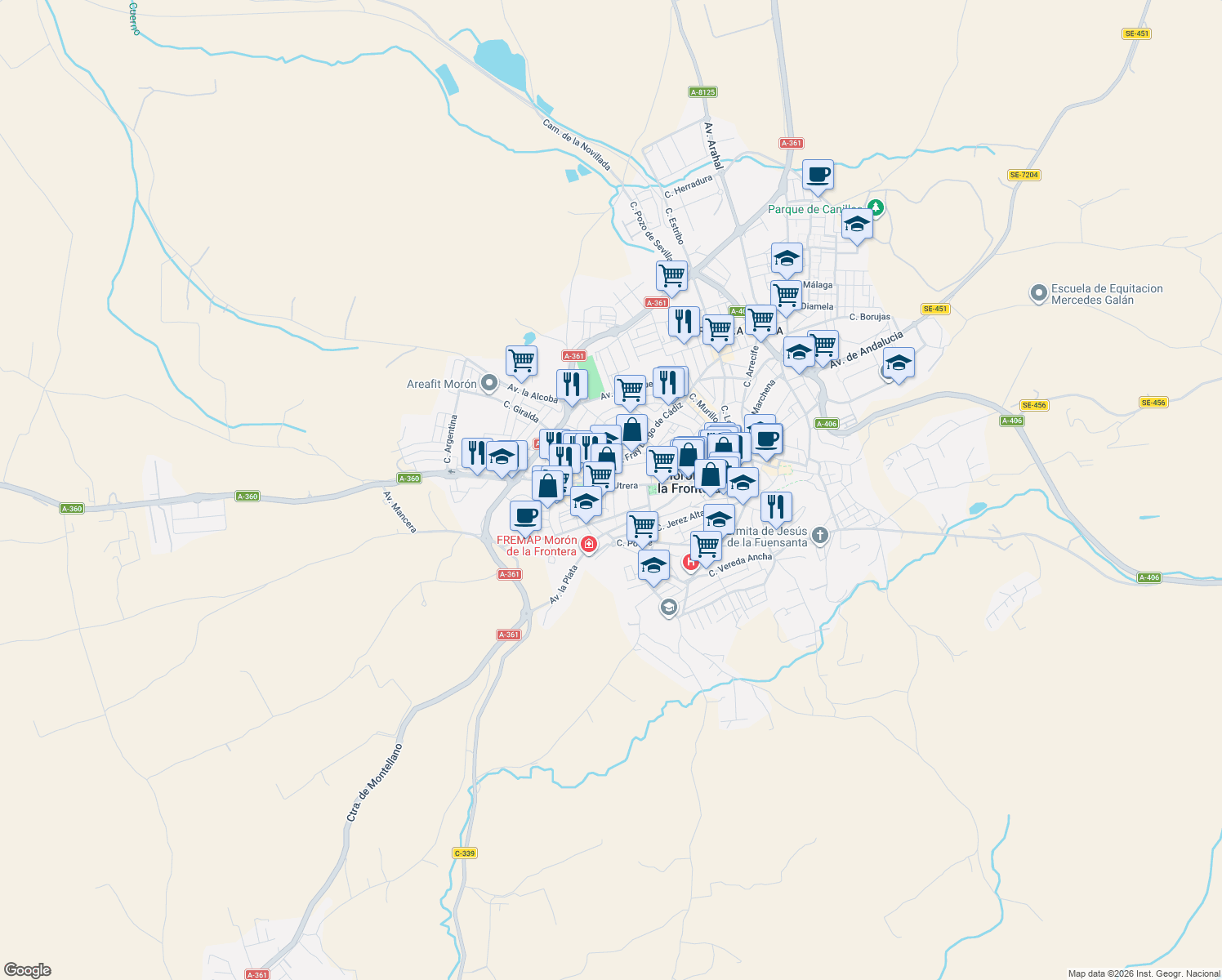 map of restaurants, bars, coffee shops, grocery stores, and more near 10 Calle Gelves in Morón de la Frontera