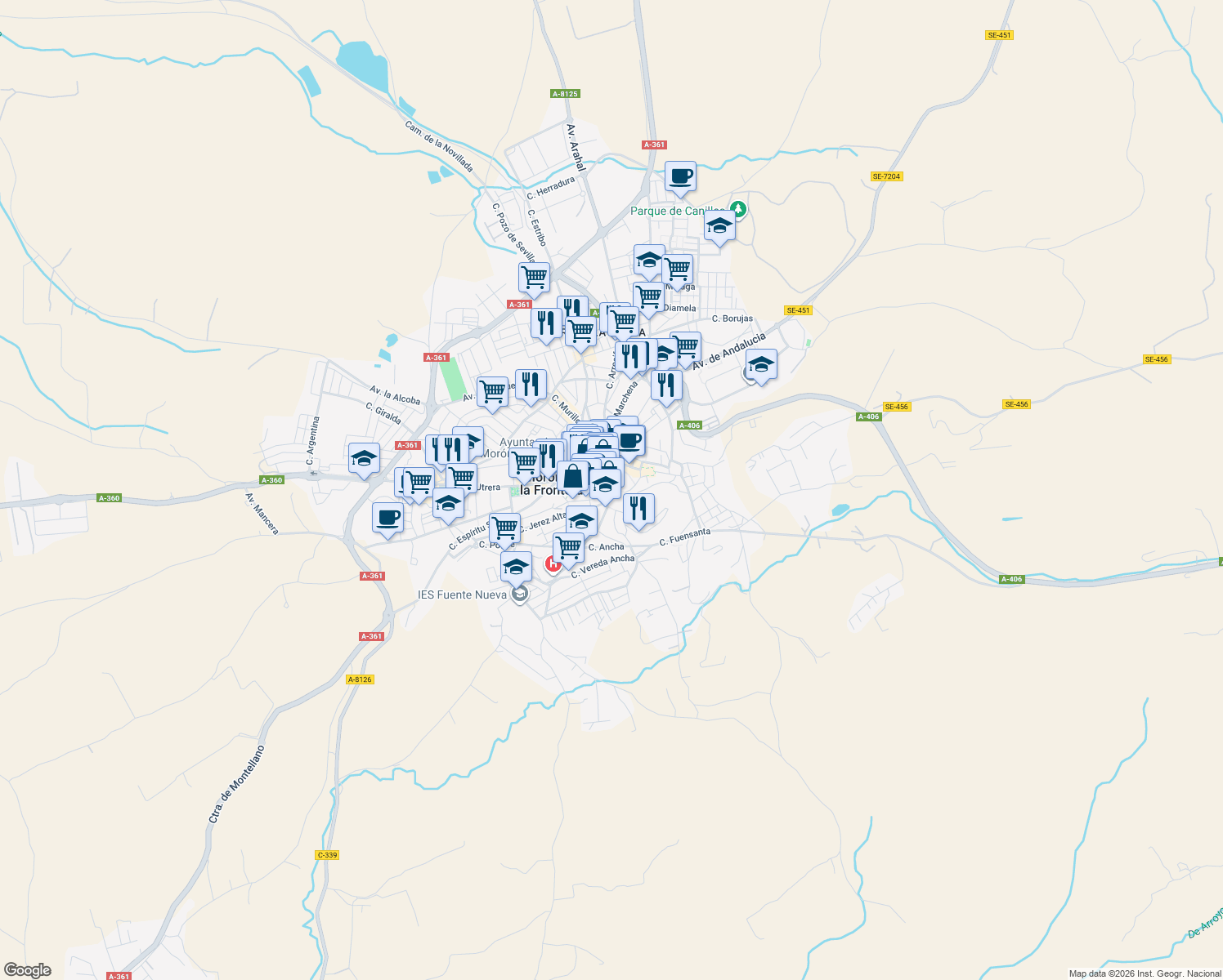 map of restaurants, bars, coffee shops, grocery stores, and more near 59 Calle Bosque in Morón de la Frontera