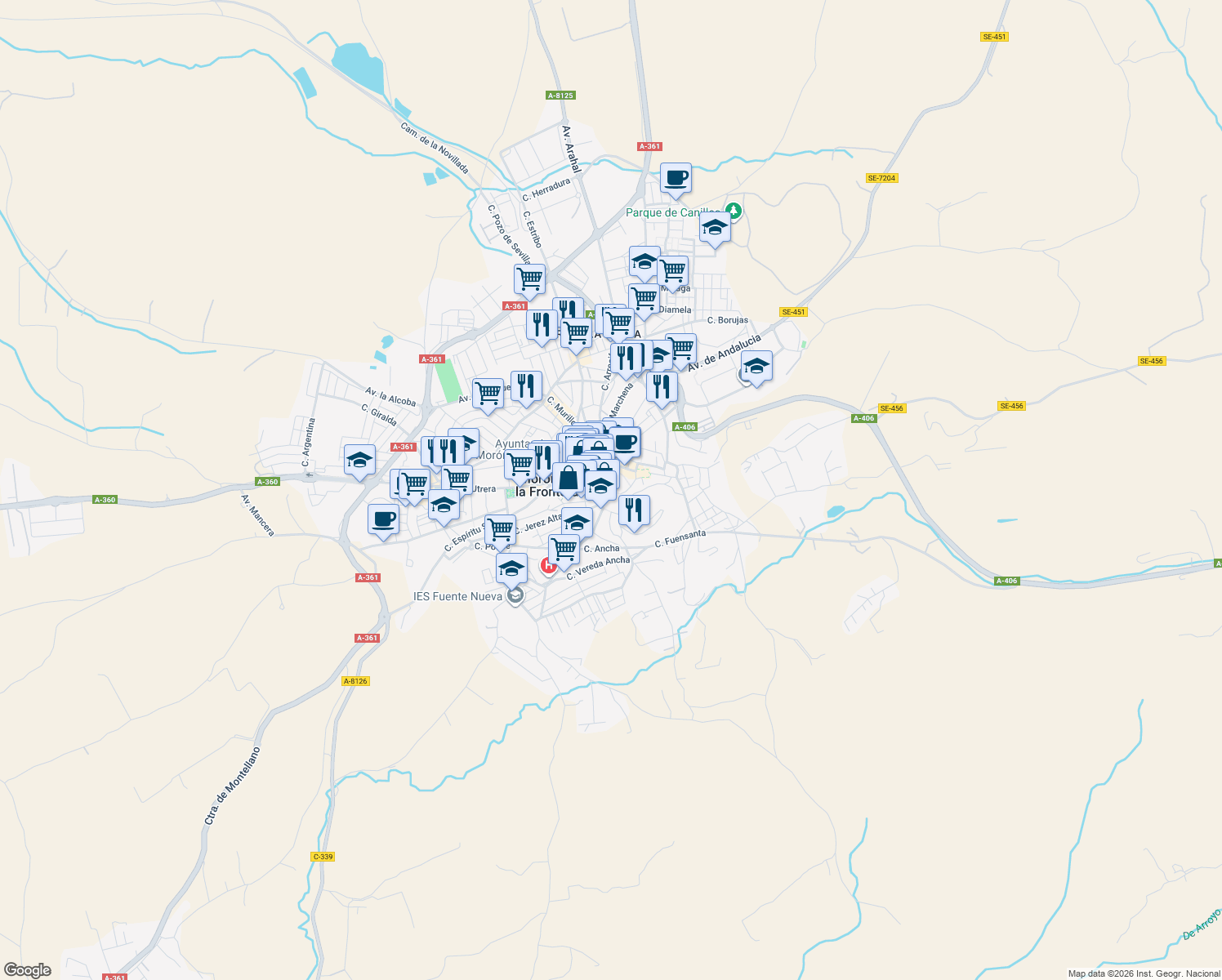 map of restaurants, bars, coffee shops, grocery stores, and more near 59 Calle Bosque in Morón de la Frontera