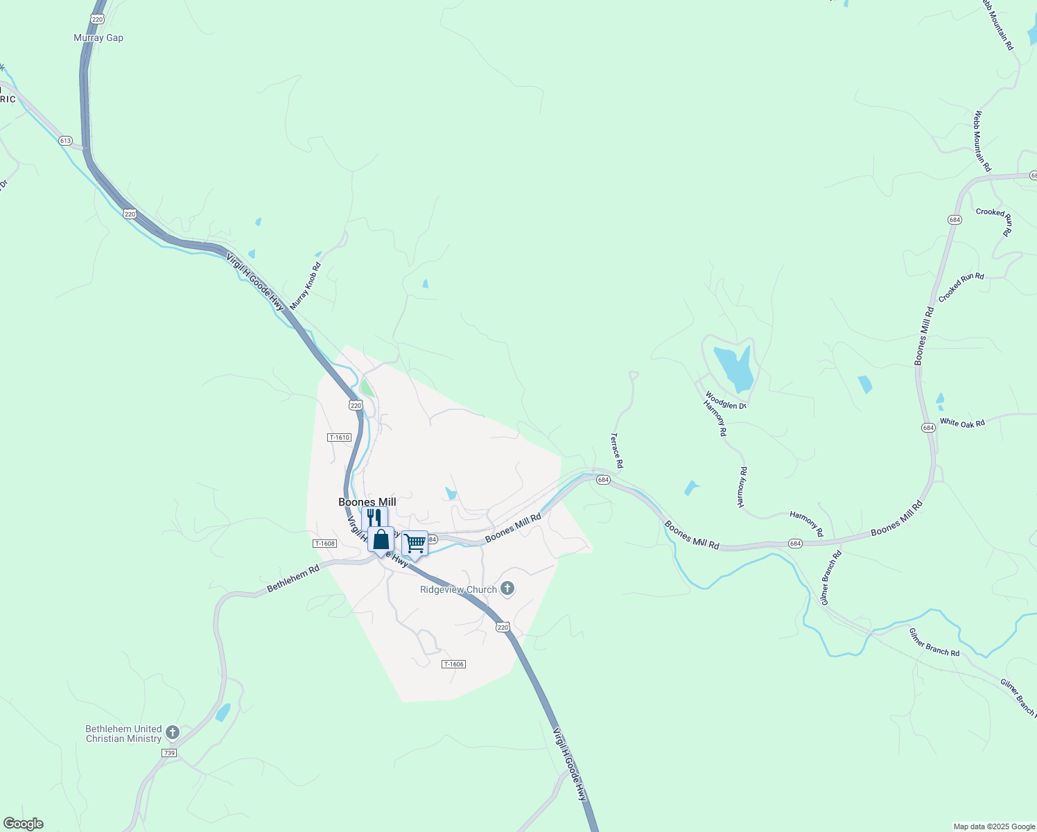 map of restaurants, bars, coffee shops, grocery stores, and more near 100 Primrose Circle in Boones Mill