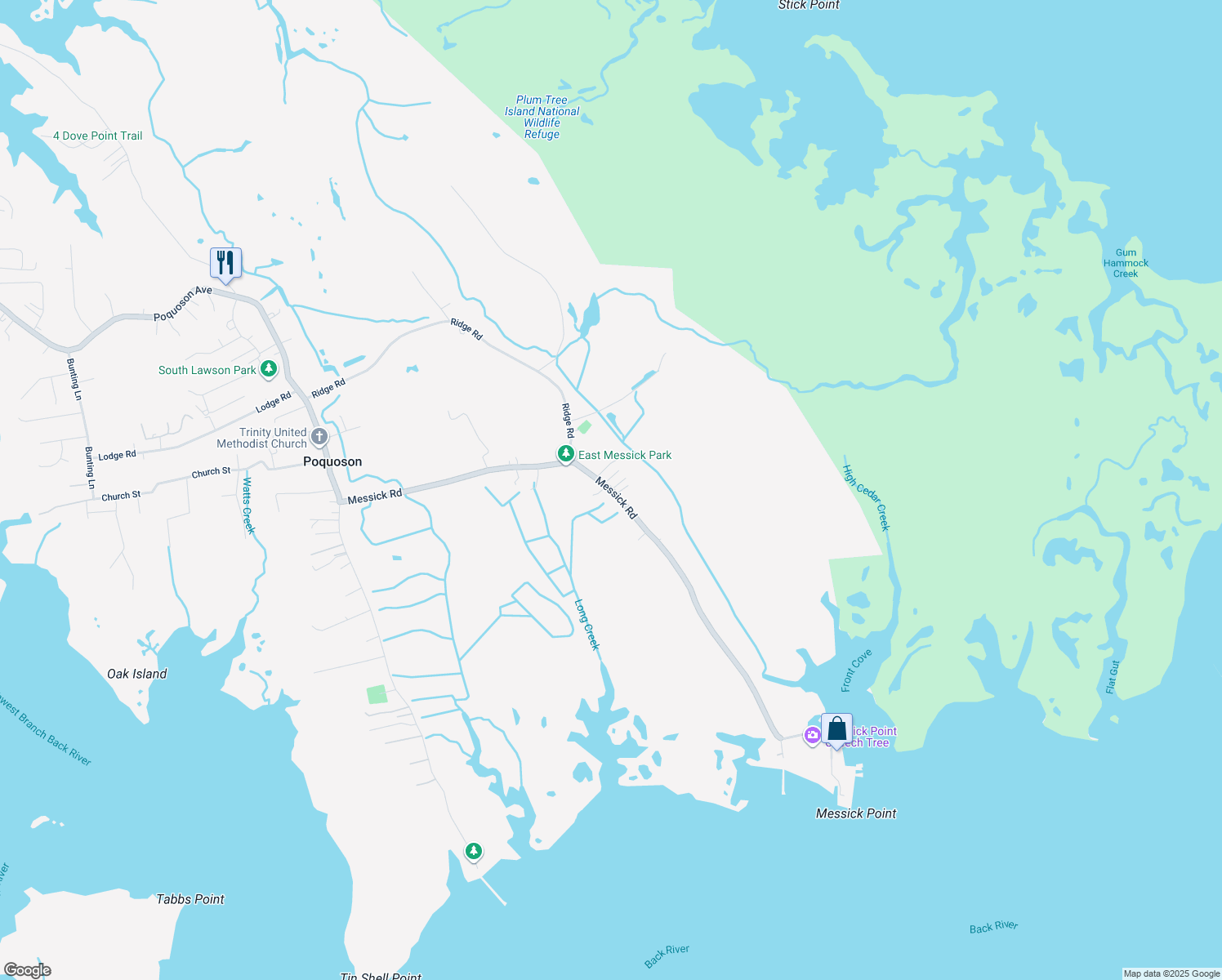 map of restaurants, bars, coffee shops, grocery stores, and more near 156 Messick Road in Poquoson