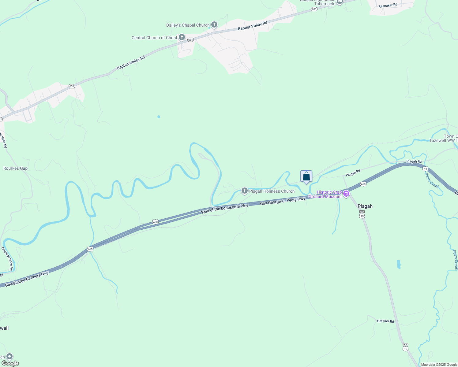 map of restaurants, bars, coffee shops, grocery stores, and more near 160 Riverbend Lane in Tazewell