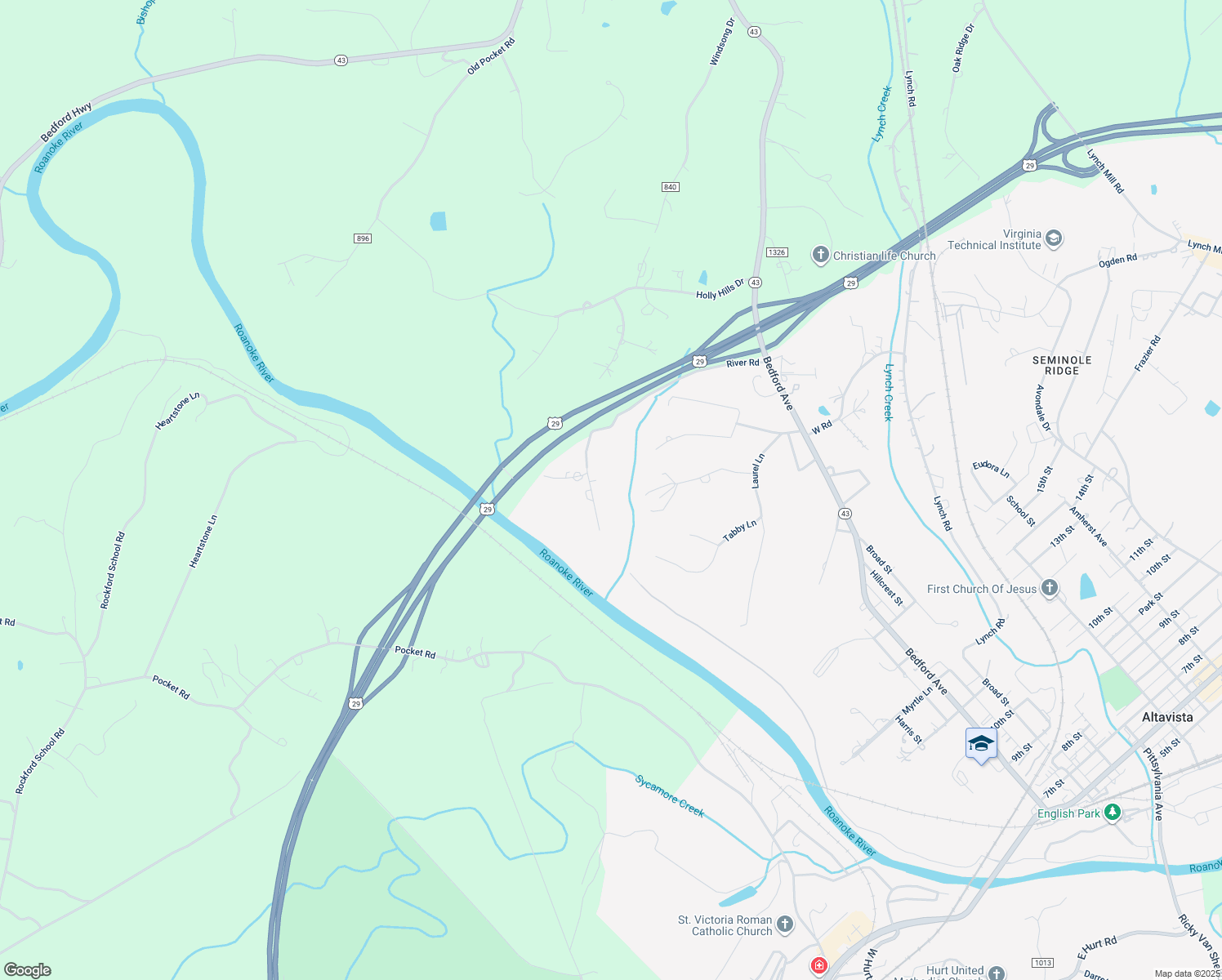 map of restaurants, bars, coffee shops, grocery stores, and more near 113 River Road in Altavista