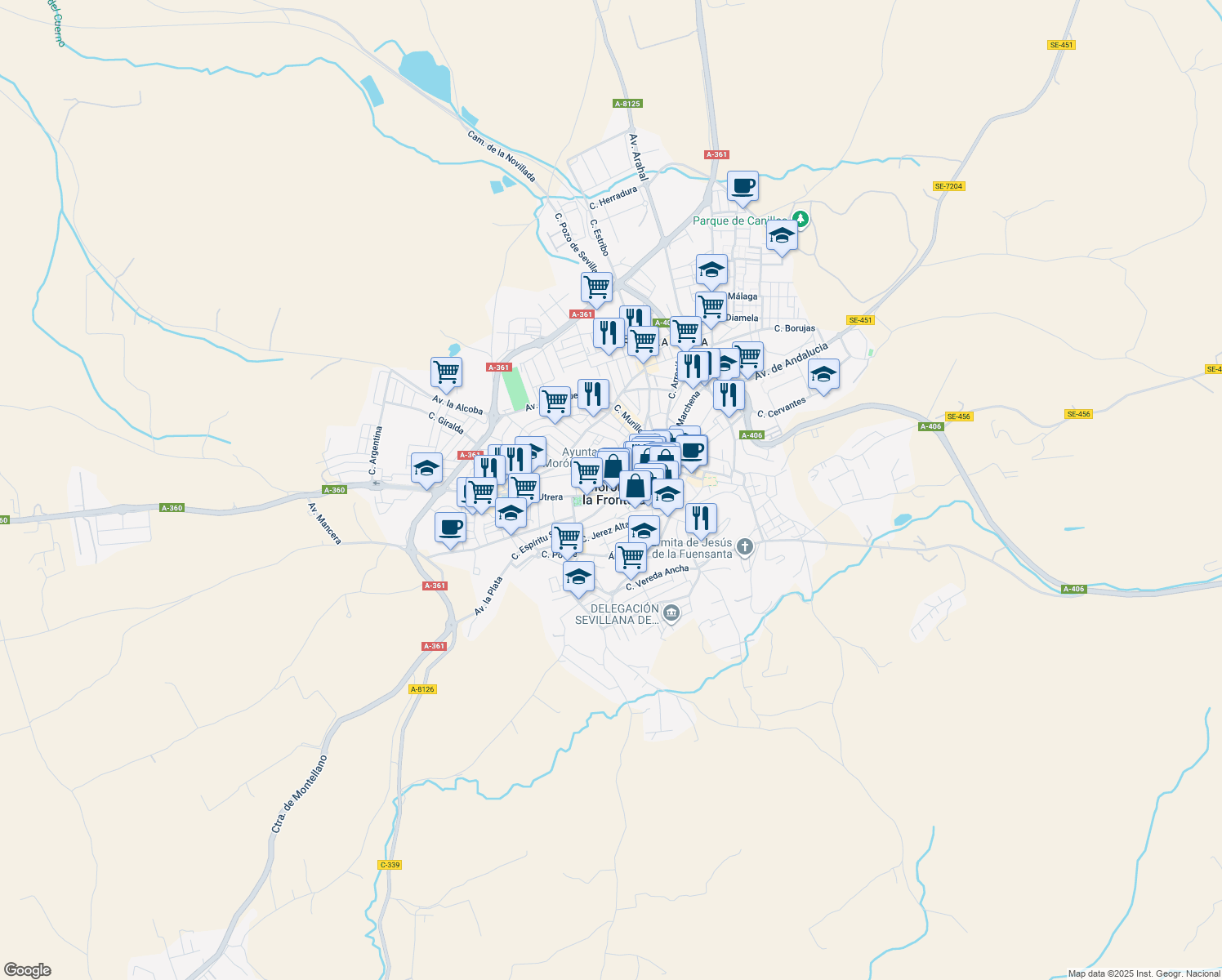 map of restaurants, bars, coffee shops, grocery stores, and more near 13 Calle San Sebastián in Morón de la Frontera