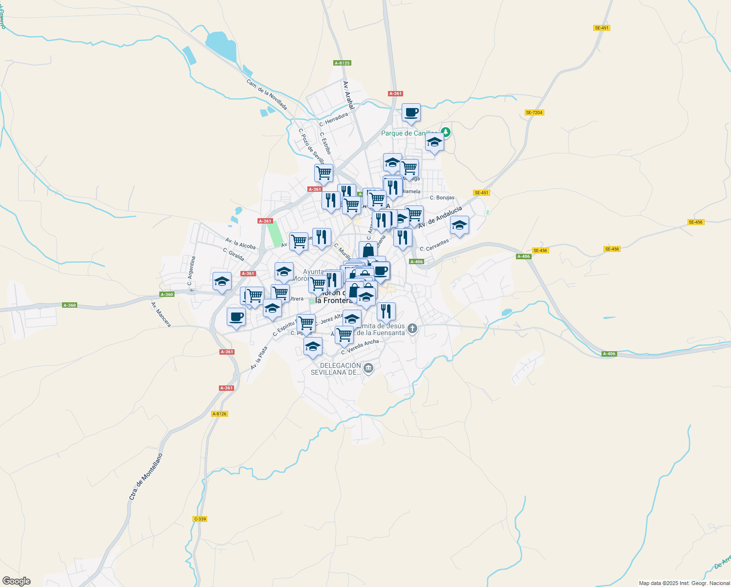 map of restaurants, bars, coffee shops, grocery stores, and more near 9 Calle Nueva in Morón de la Frontera