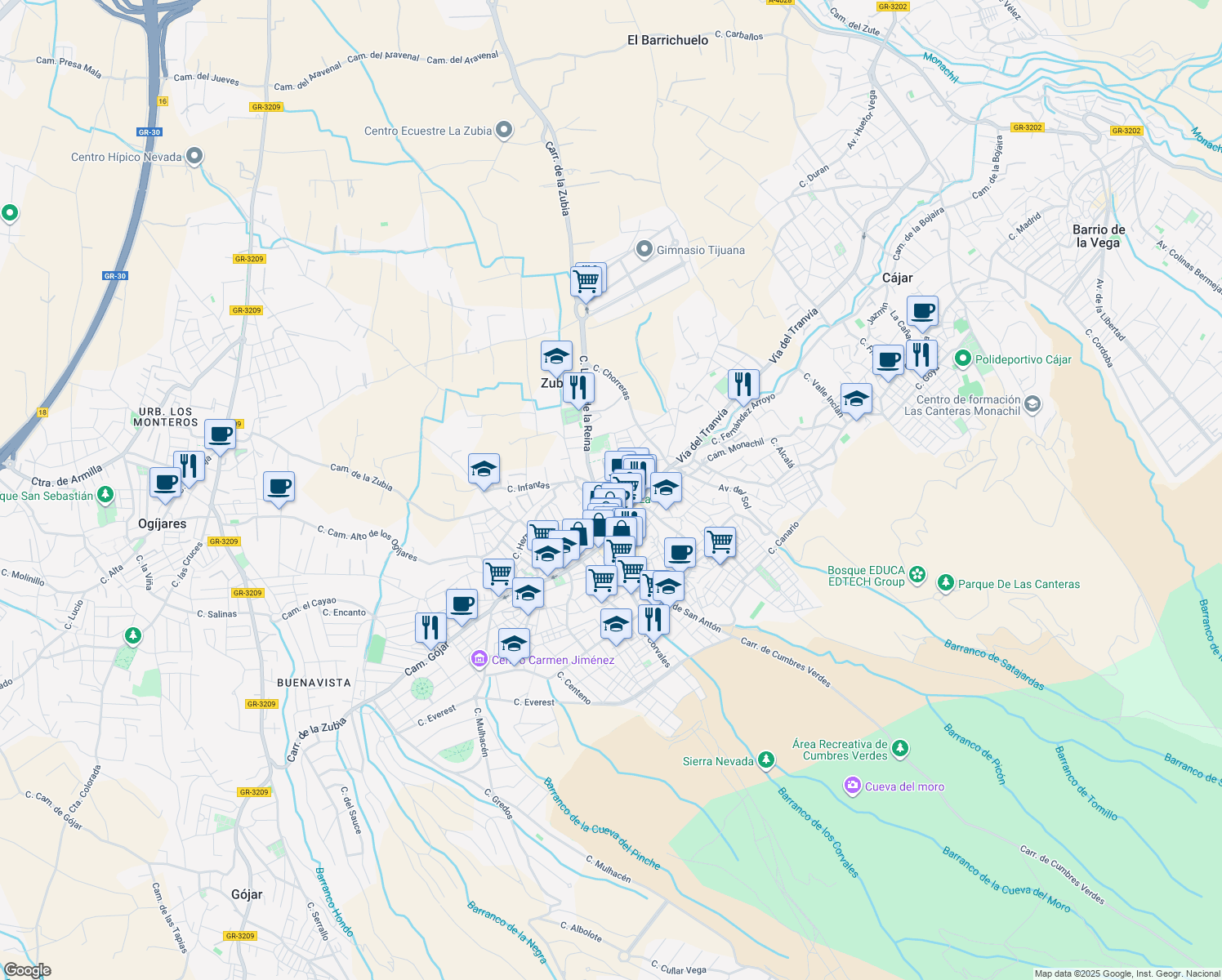 map of restaurants, bars, coffee shops, grocery stores, and more near 1 Calle Laurel de la Reina in La Zubia