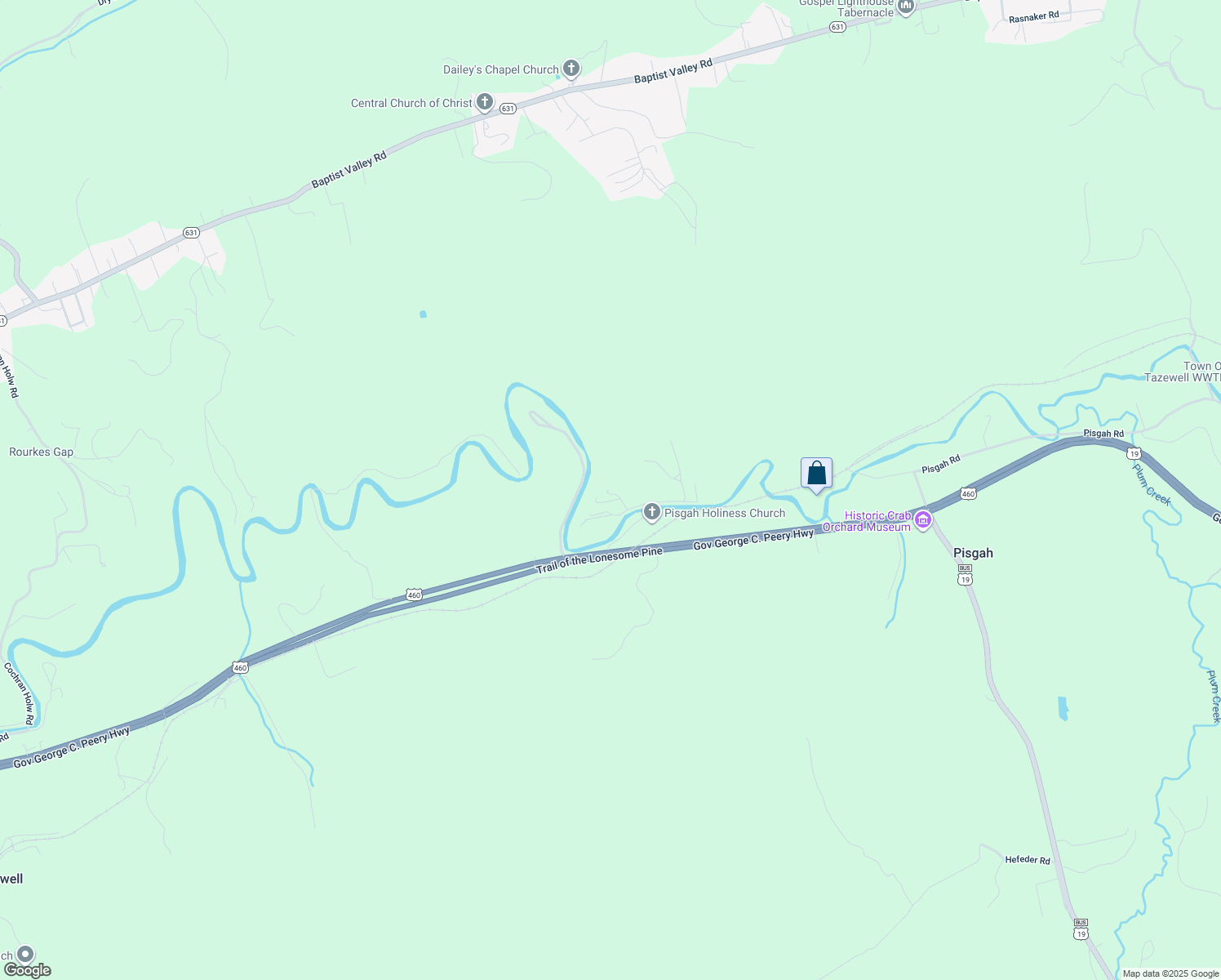 map of restaurants, bars, coffee shops, grocery stores, and more near 160 Riverbend Lane in Tazewell