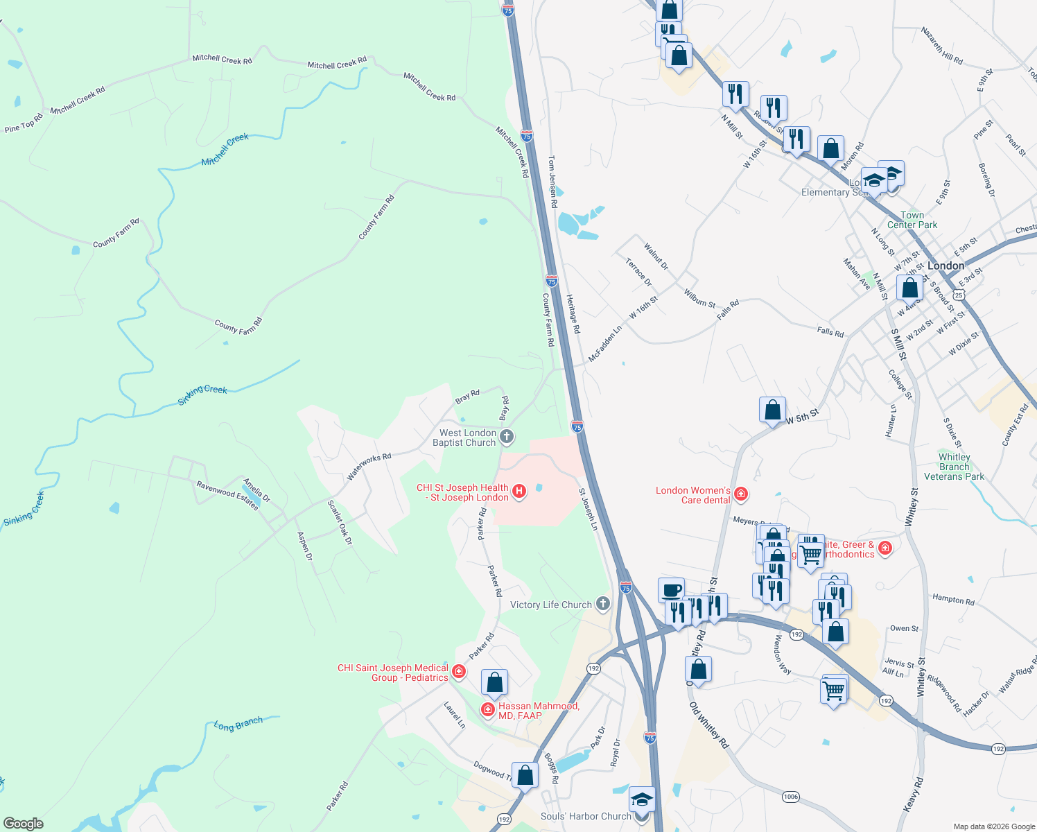 map of restaurants, bars, coffee shops, grocery stores, and more near 222 Parker Road in London