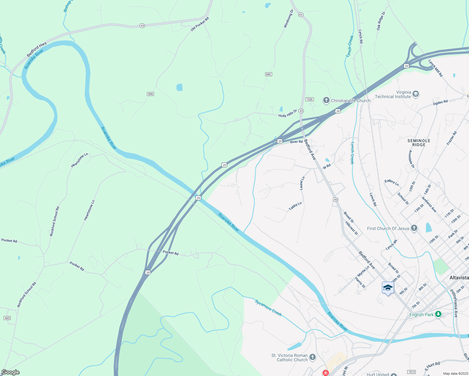 map of restaurants, bars, coffee shops, grocery stores, and more near 106 River Road in Altavista