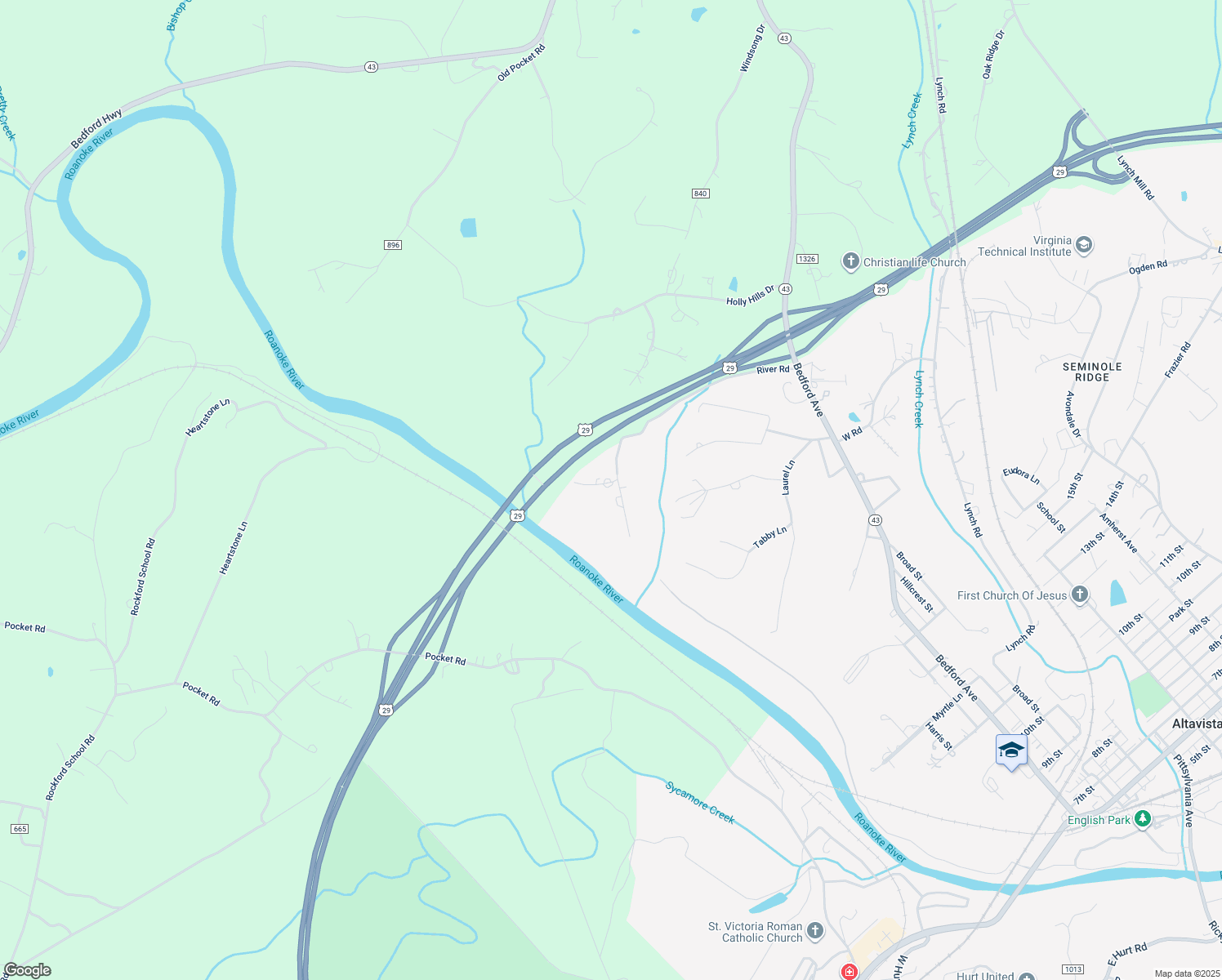 map of restaurants, bars, coffee shops, grocery stores, and more near 106 River Road in Altavista