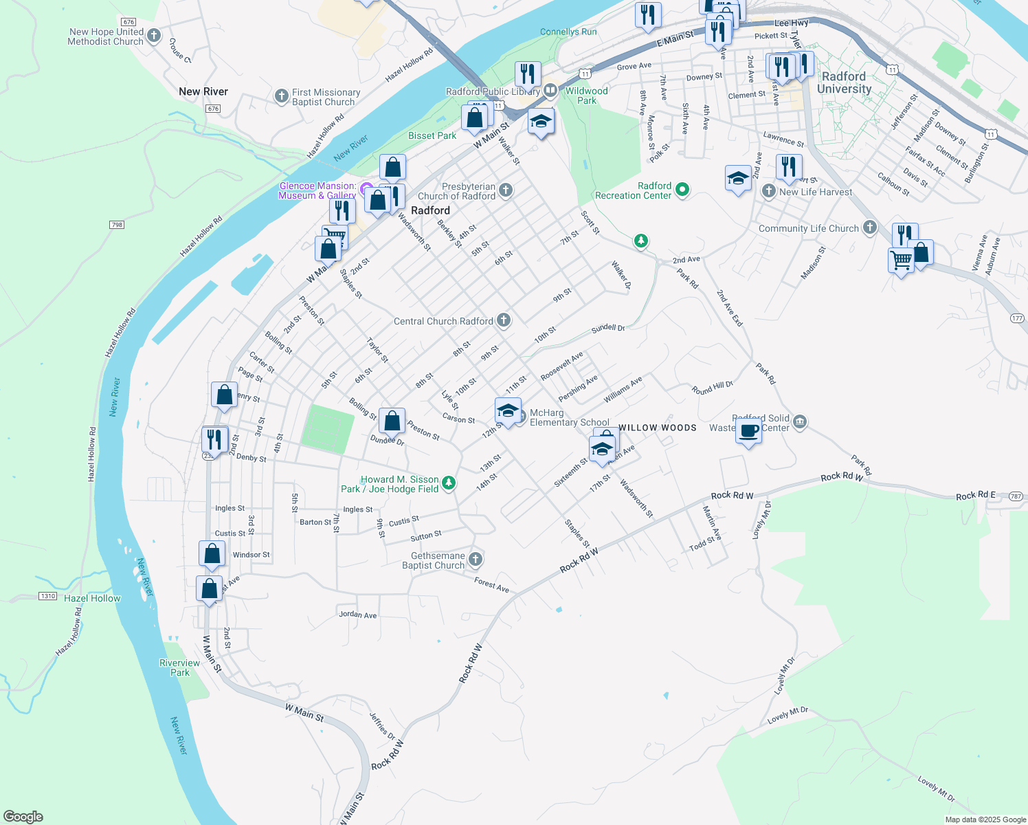map of restaurants, bars, coffee shops, grocery stores, and more near 699 12th Street in Radford