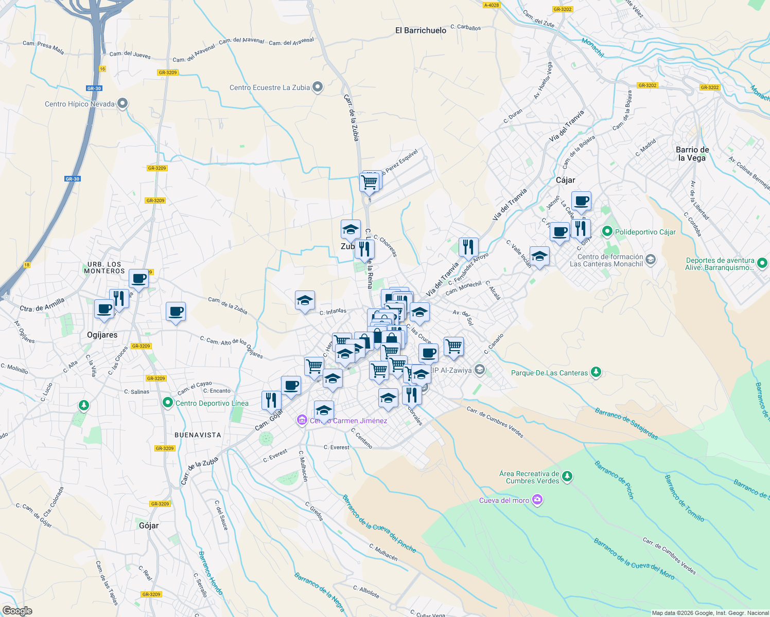 map of restaurants, bars, coffee shops, grocery stores, and more near 1 Calle Laurel de la Reina in La Zubia
