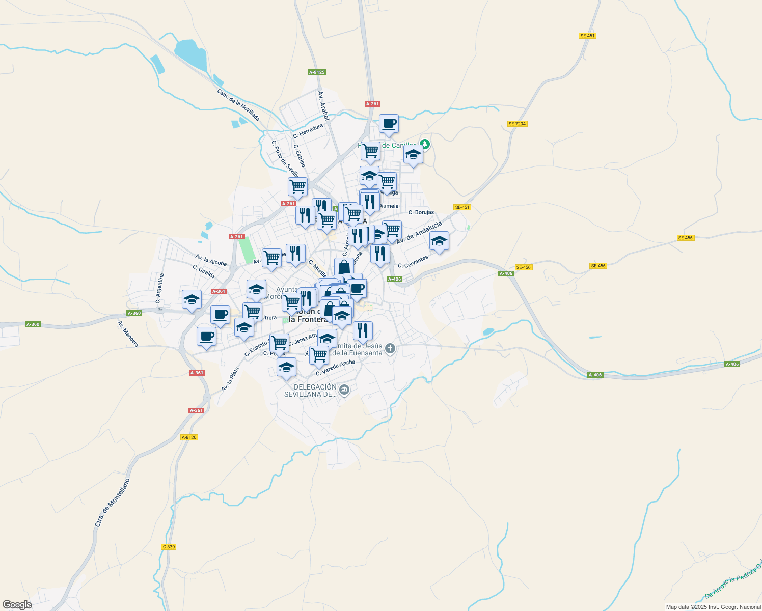 map of restaurants, bars, coffee shops, grocery stores, and more near 14 Calle Osuna in Morón de la Frontera