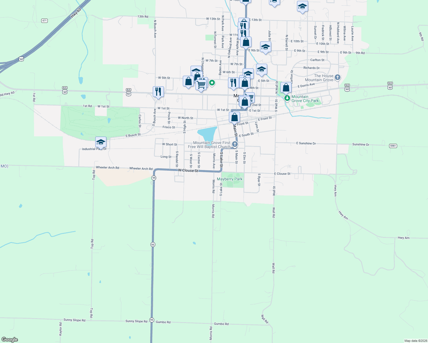 map of restaurants, bars, coffee shops, grocery stores, and more near 599 Morris Ave in Mountain Grove