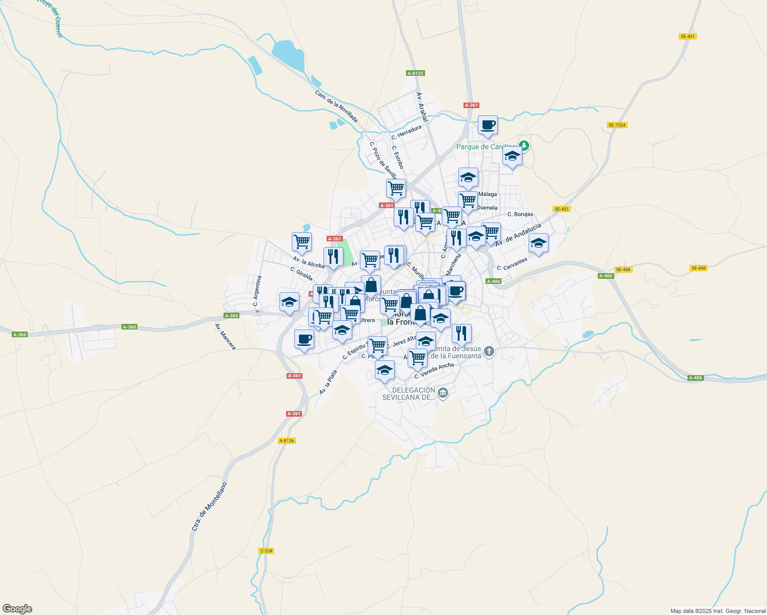 map of restaurants, bars, coffee shops, grocery stores, and more near 45 Calle Victoria in Morón de la Frontera
