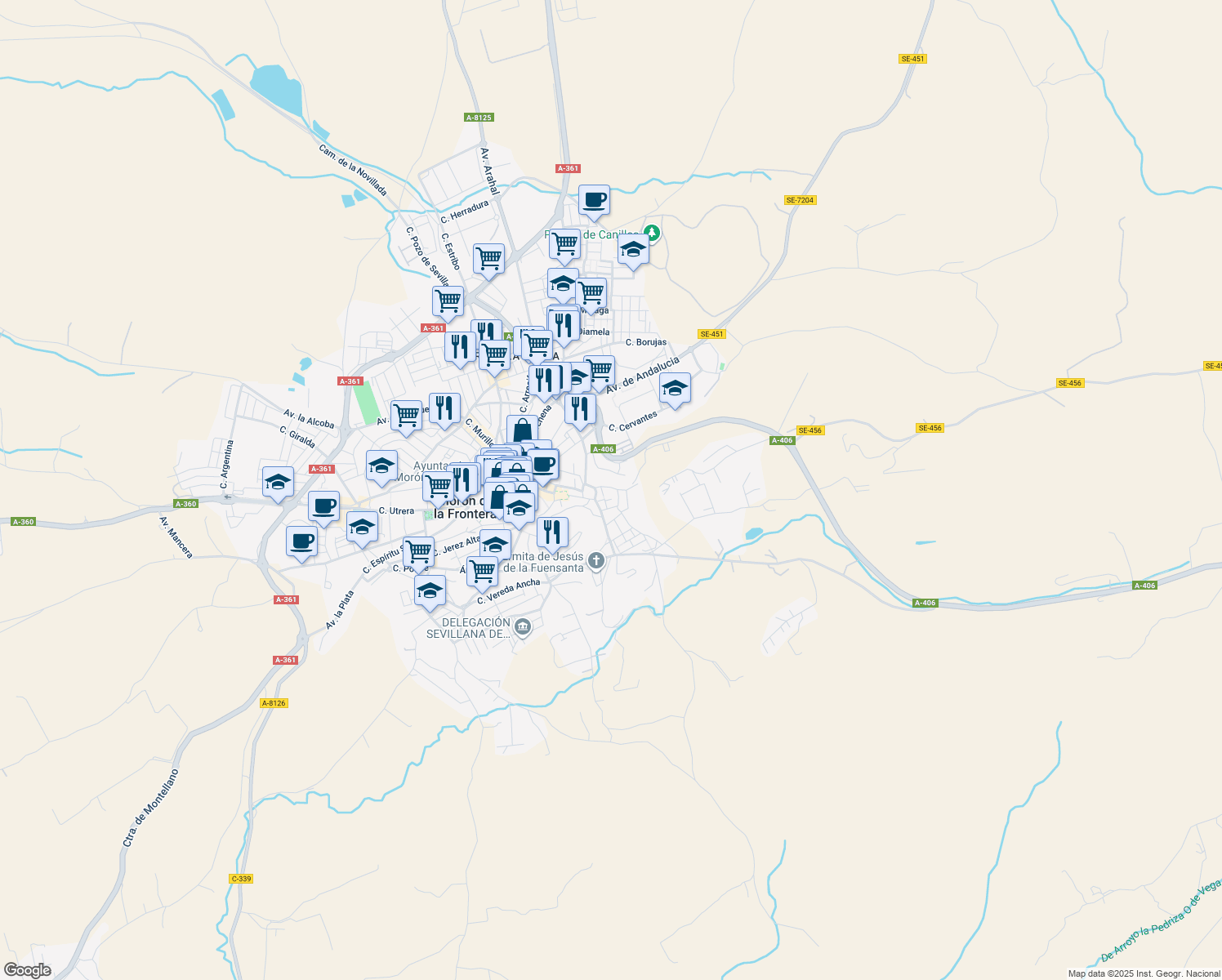 map of restaurants, bars, coffee shops, grocery stores, and more near 18 Calle Hundidero in Morón de la Frontera