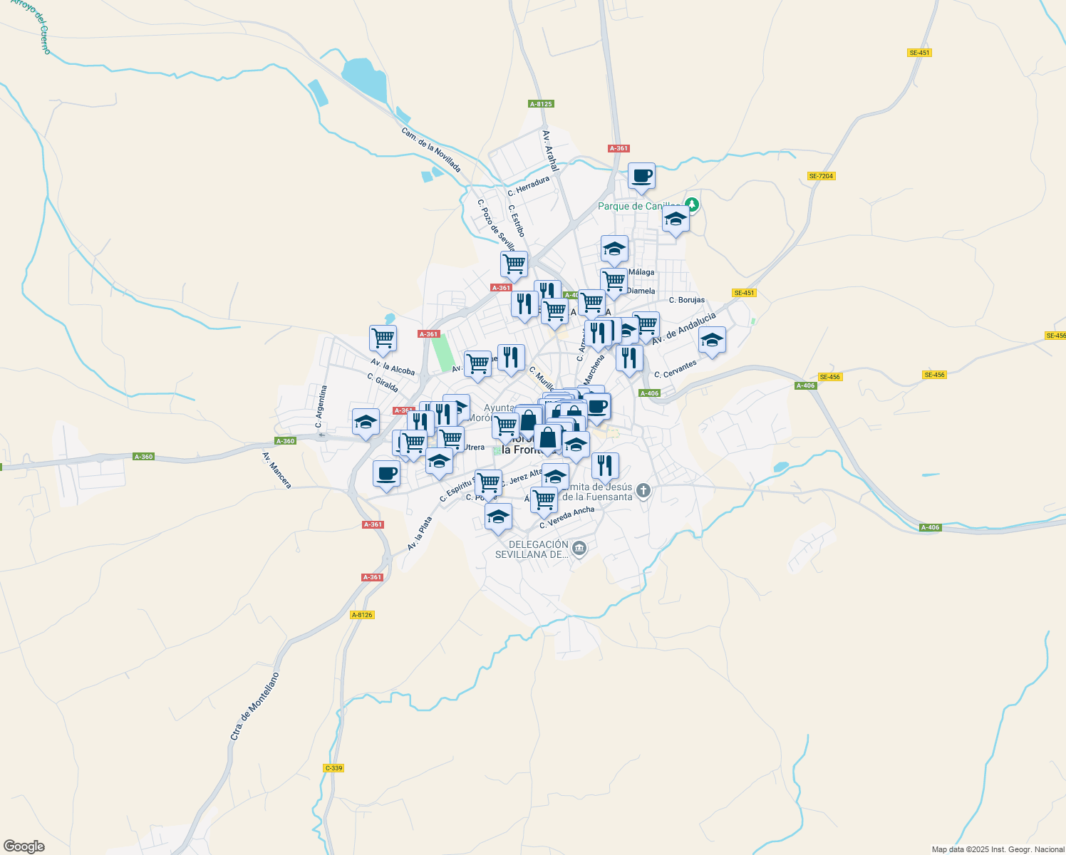 map of restaurants, bars, coffee shops, grocery stores, and more near 13 Calle San Sebastián in Morón de la Frontera