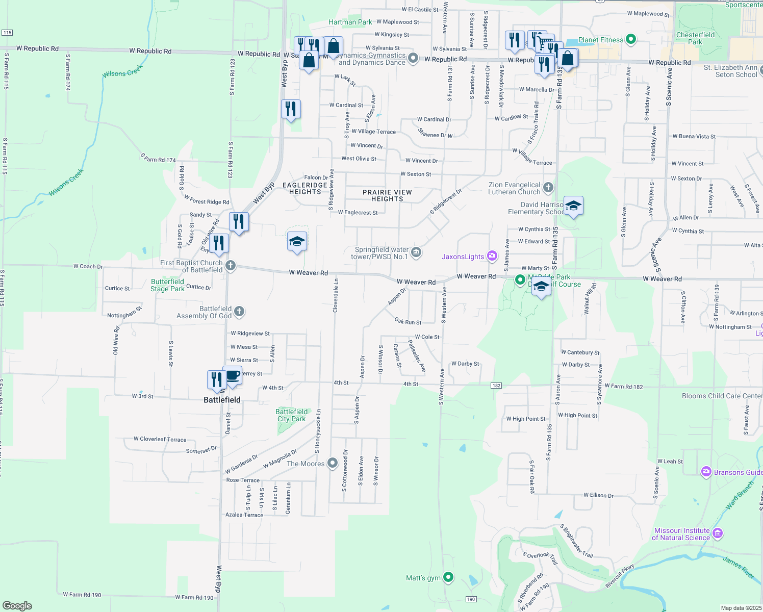 map of restaurants, bars, coffee shops, grocery stores, and more near 5115 South Aspen Drive in Battlefield