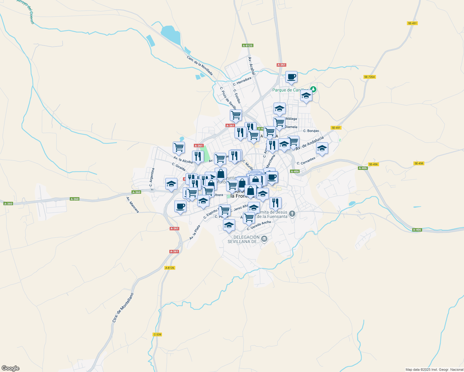 map of restaurants, bars, coffee shops, grocery stores, and more near 45 Calle Victoria in Morón de la Frontera