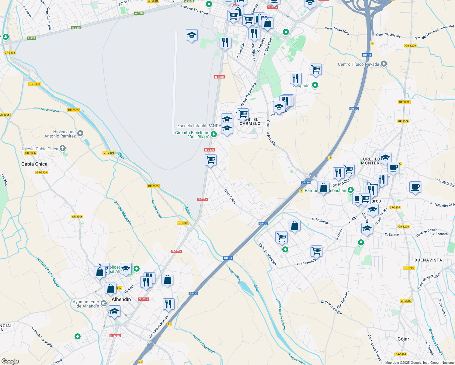 map of restaurants, bars, coffee shops, grocery stores, and more near 1 Calle Azucena in Ogíjares