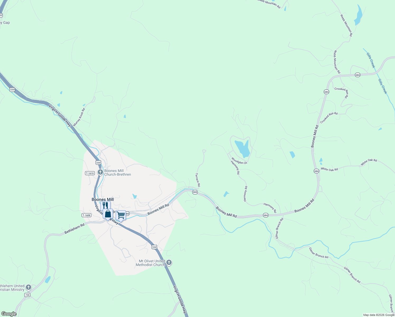 map of restaurants, bars, coffee shops, grocery stores, and more near 331 Terrace Road in Boones Mill