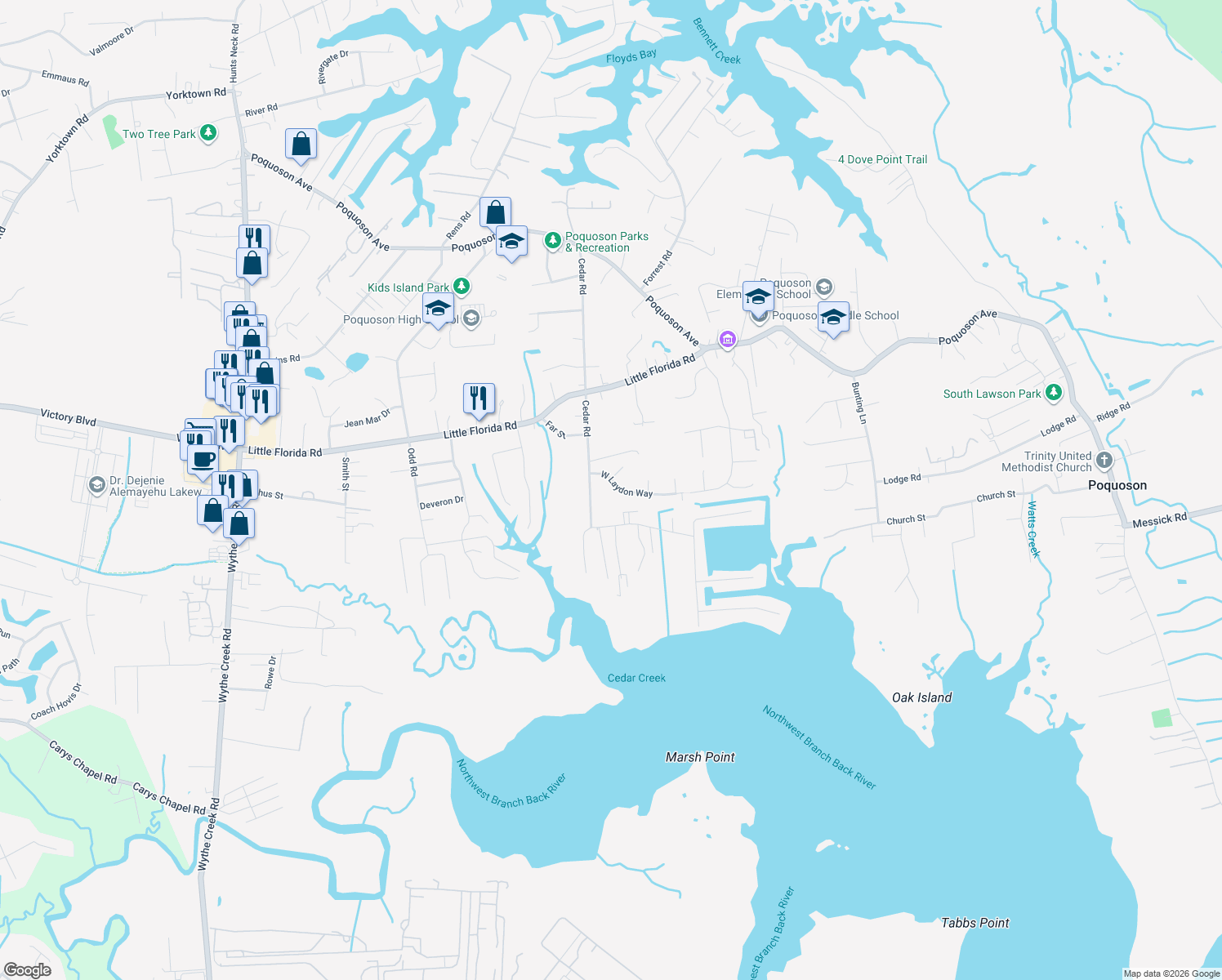 map of restaurants, bars, coffee shops, grocery stores, and more near 145 West Laydon Way in Poquoson