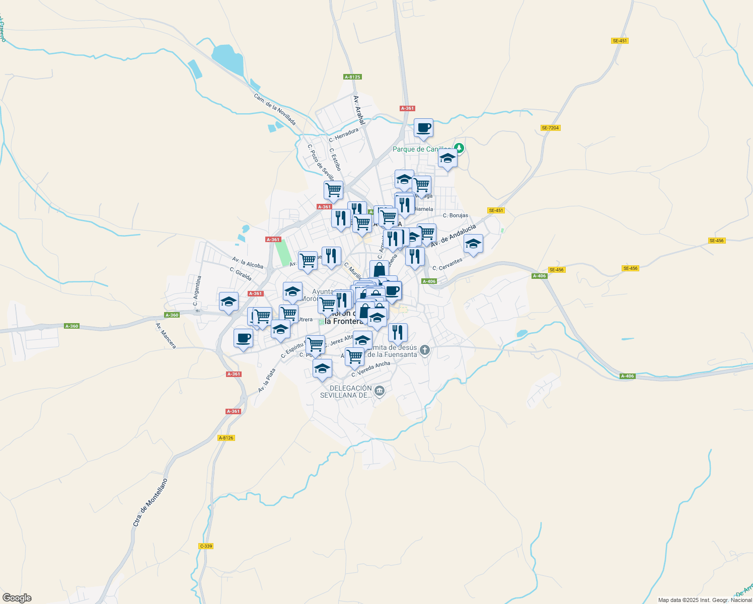 map of restaurants, bars, coffee shops, grocery stores, and more near 9 Calle Nueva in Morón de la Frontera