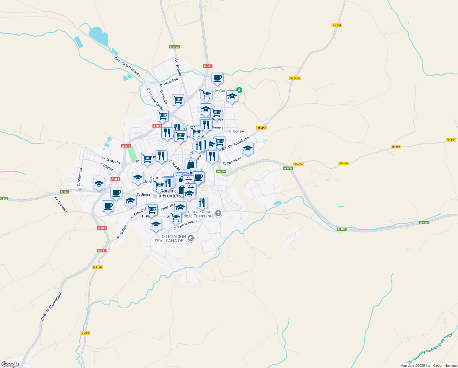 map of restaurants, bars, coffee shops, grocery stores, and more near 18 Calle Hundidero in Morón de la Frontera