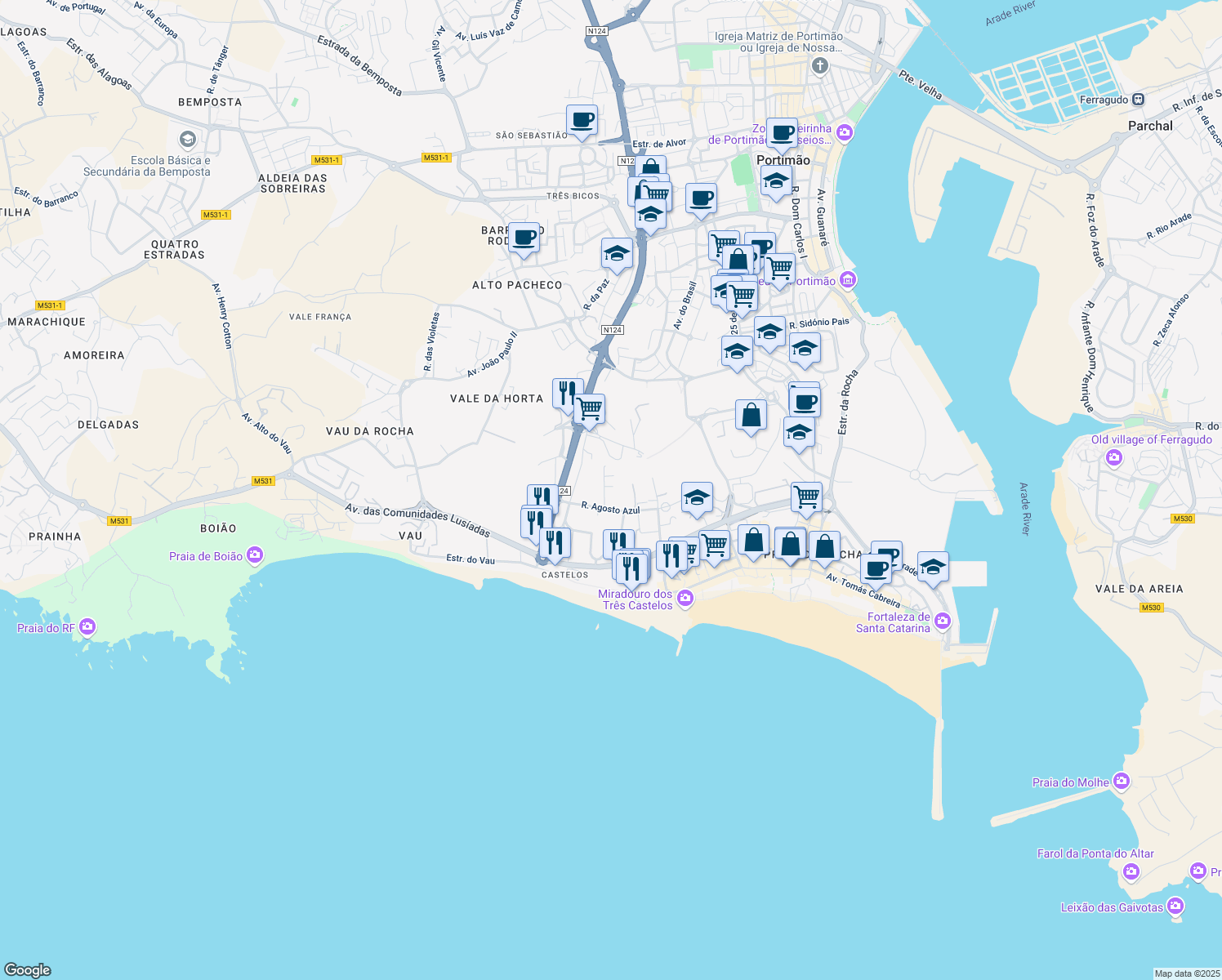 map of restaurants, bars, coffee shops, grocery stores, and more near 1 Rua dos Buzios in Portimão