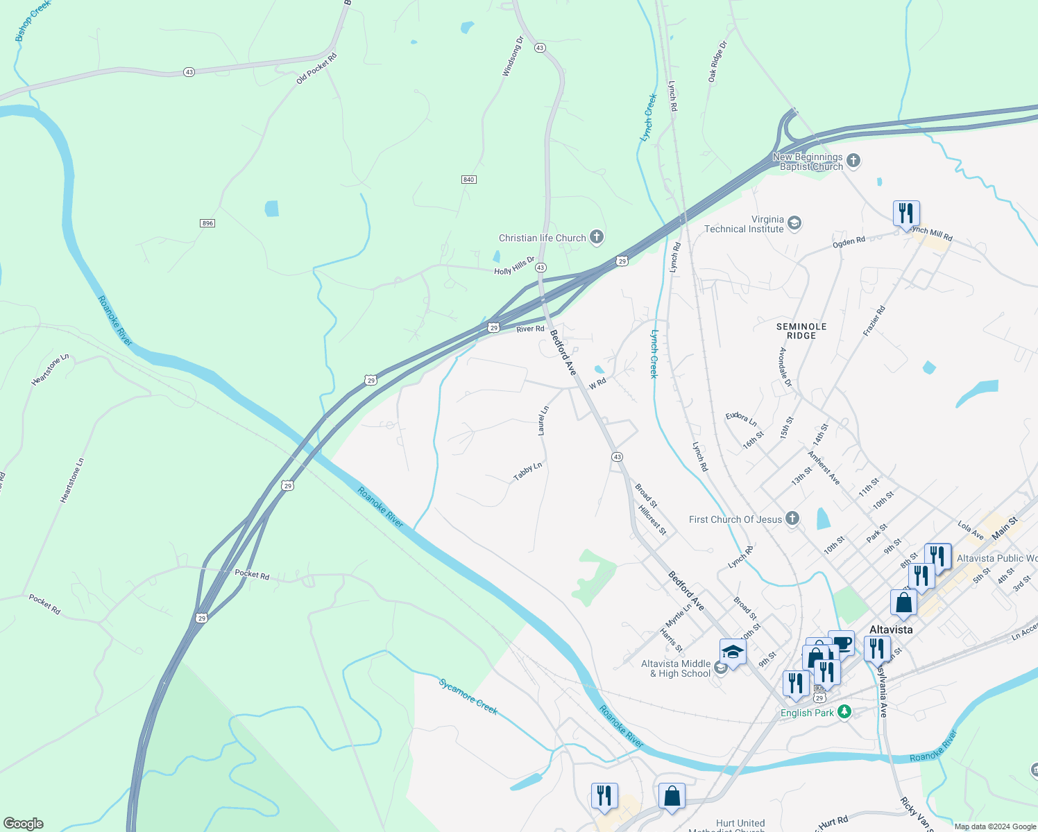 map of restaurants, bars, coffee shops, grocery stores, and more near 2086 Shady Lane in Altavista
