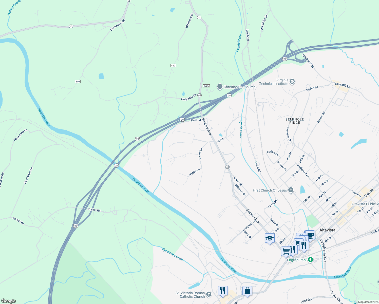 map of restaurants, bars, coffee shops, grocery stores, and more near 2084 Shady Lane in Altavista