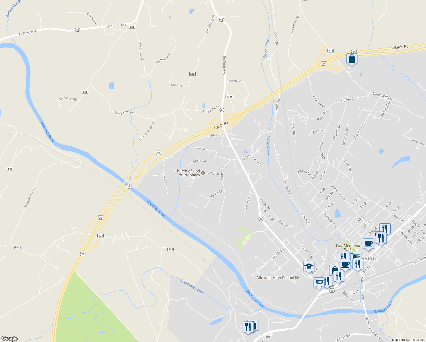 map of restaurants, bars, coffee shops, grocery stores, and more near 2086 Shady Lane in Altavista