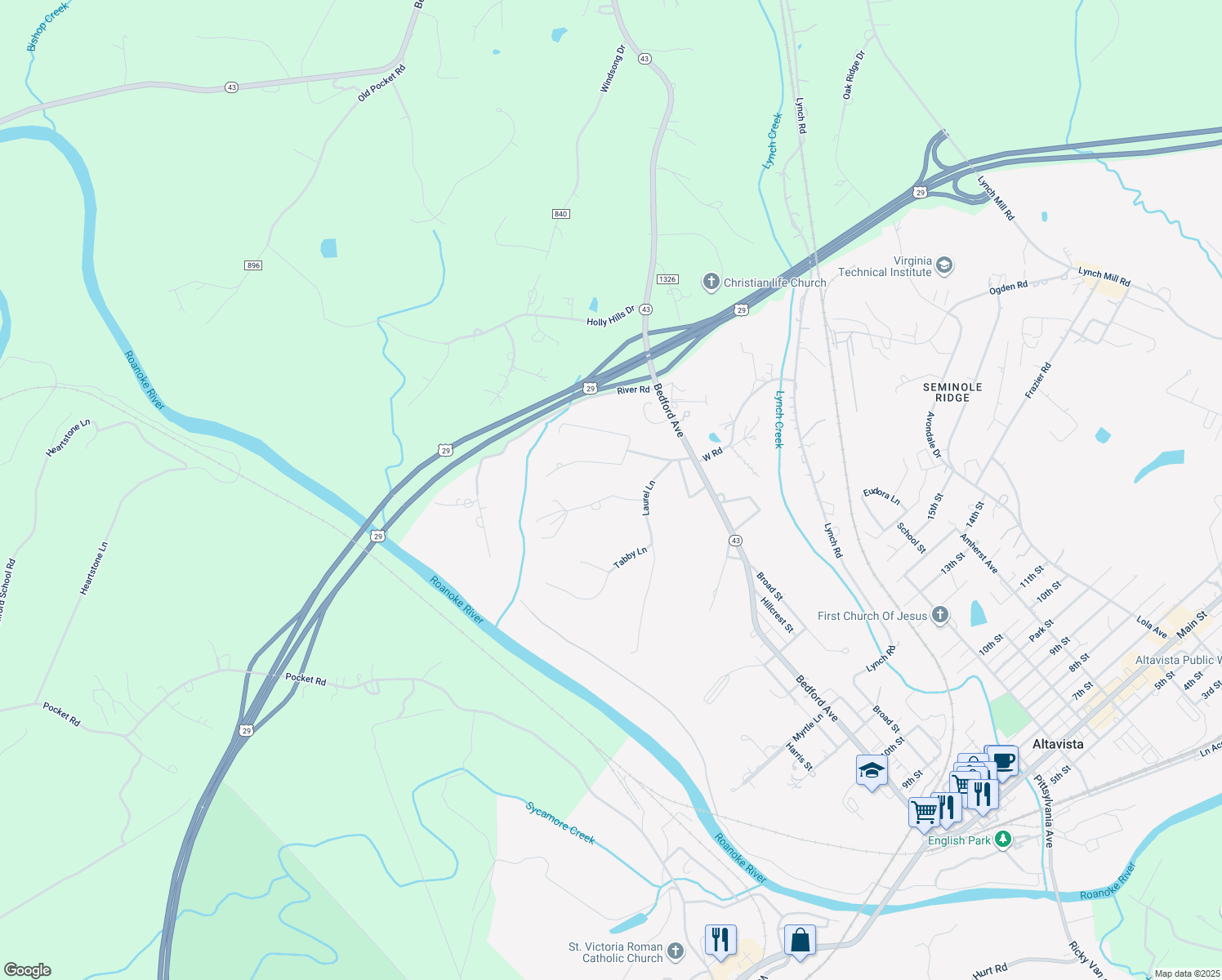 map of restaurants, bars, coffee shops, grocery stores, and more near 2084 Shady Lane in Altavista