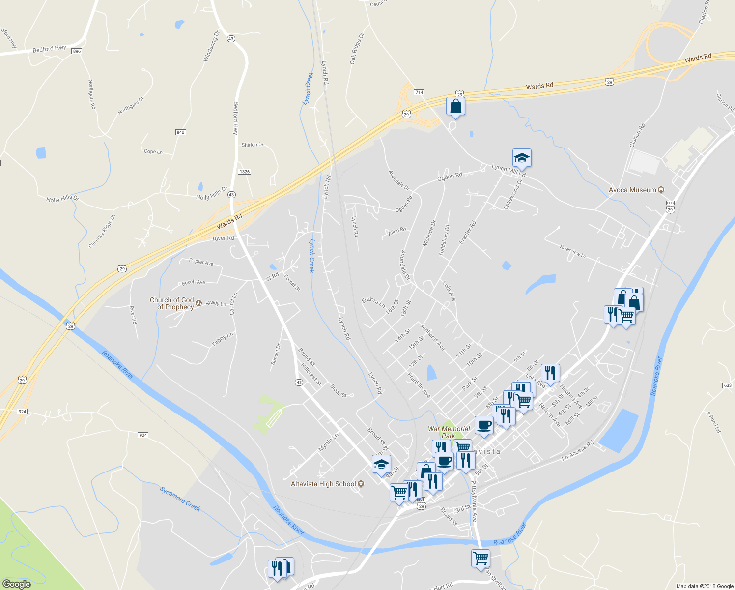map of restaurants, bars, coffee shops, grocery stores, and more near 1714 Eudora Lane in Altavista