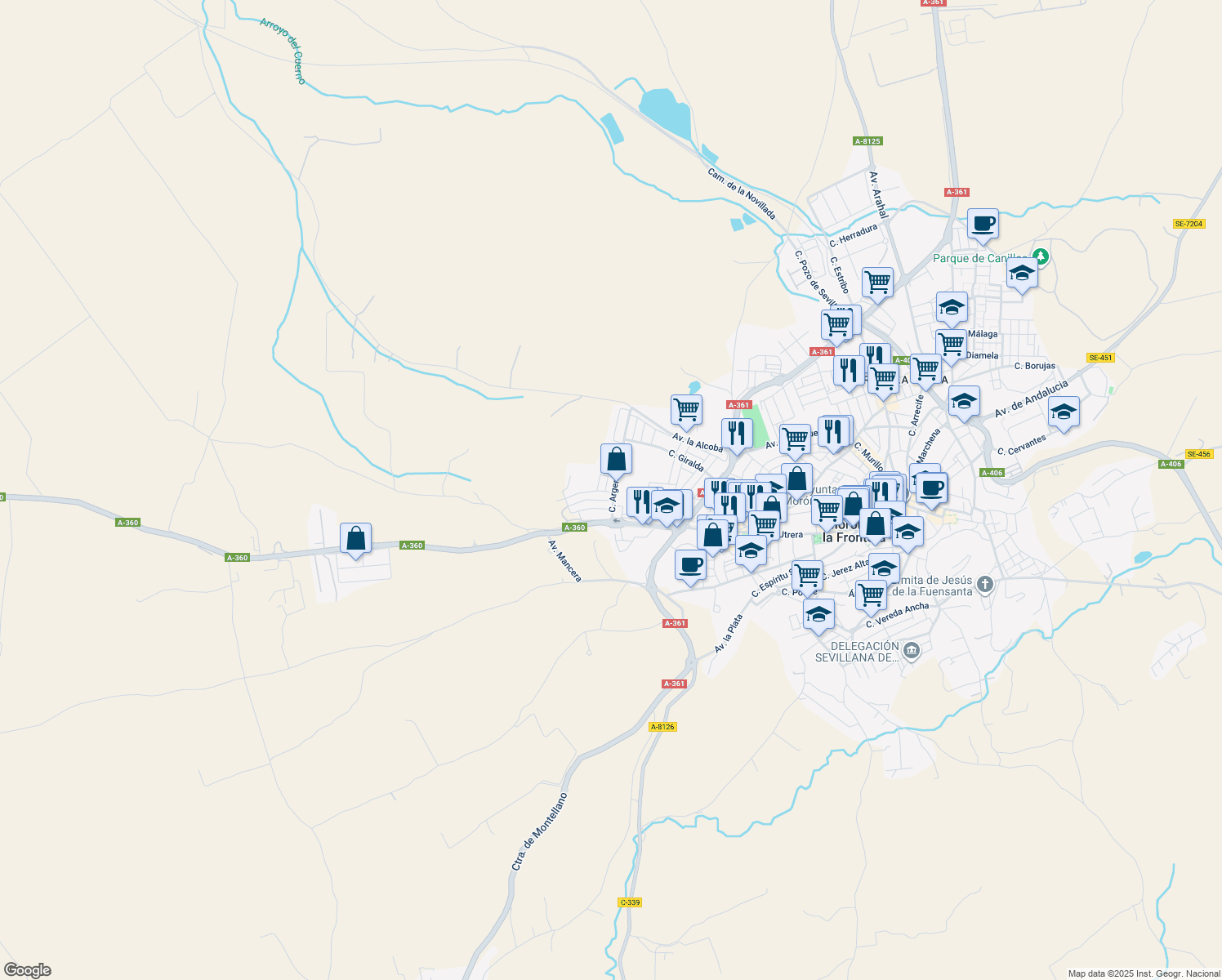 map of restaurants, bars, coffee shops, grocery stores, and more near 16 Calle Chile in Morón de la Frontera