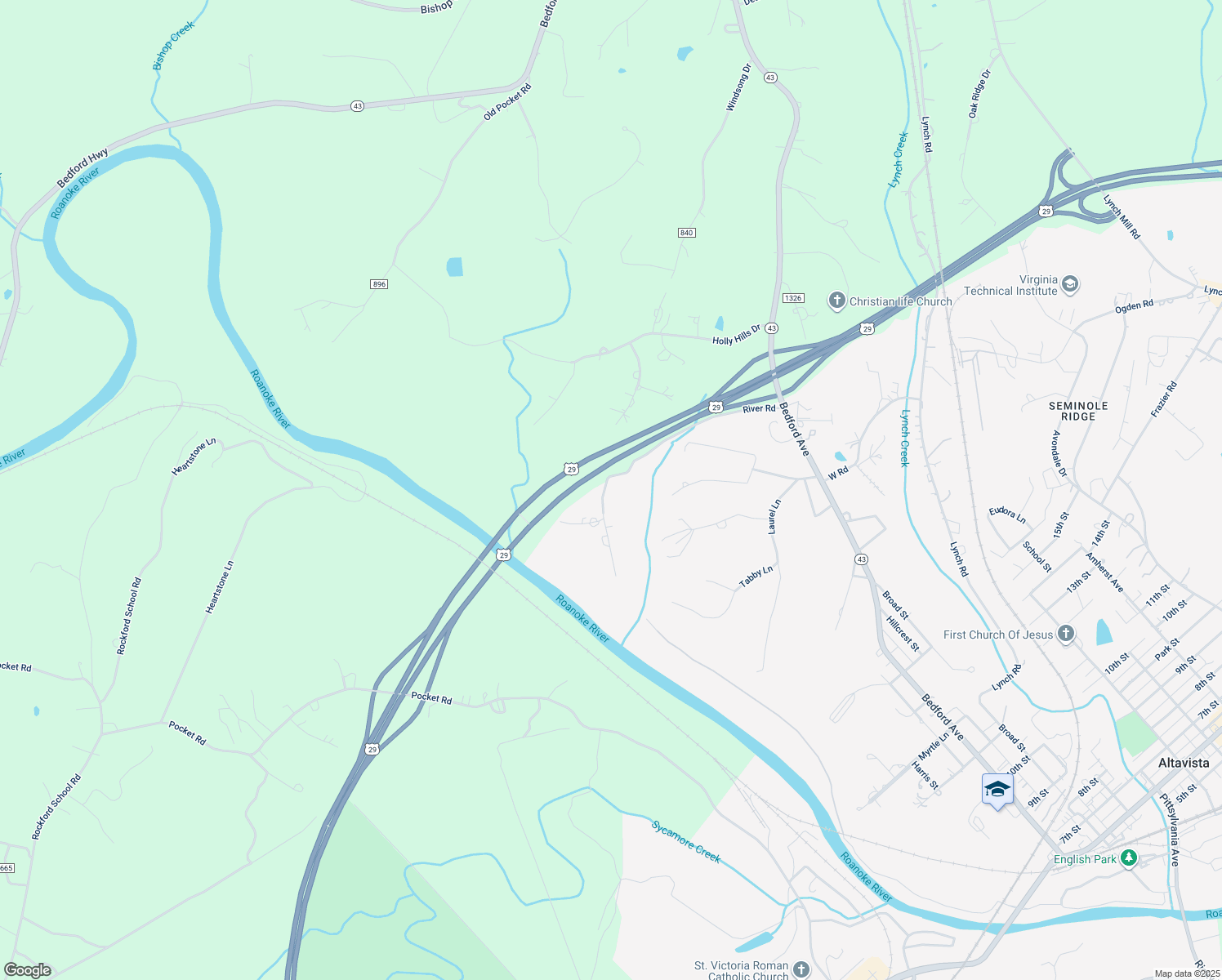 map of restaurants, bars, coffee shops, grocery stores, and more near 105 River Road in Altavista