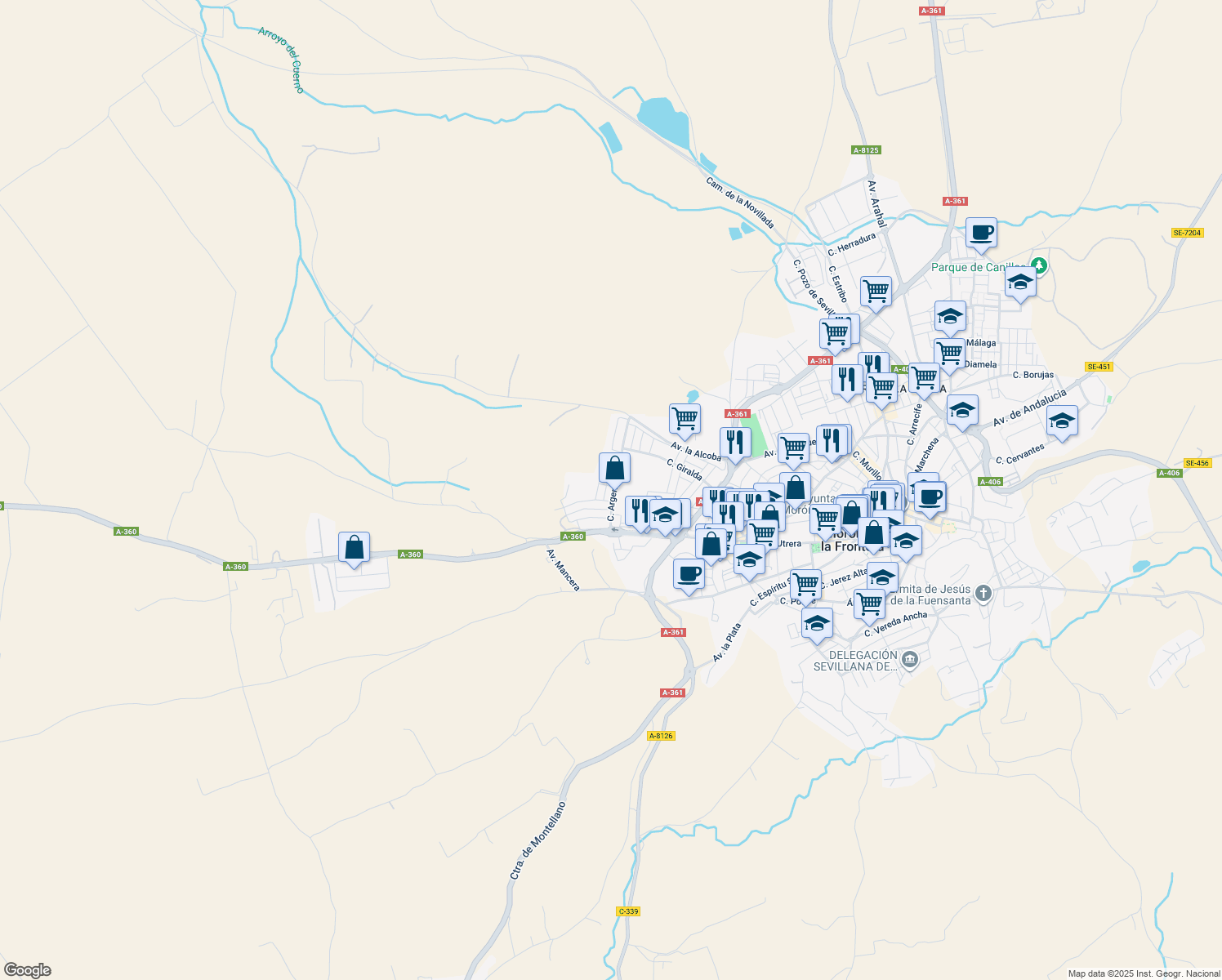 map of restaurants, bars, coffee shops, grocery stores, and more near 16 Calle Chile in Morón de la Frontera
