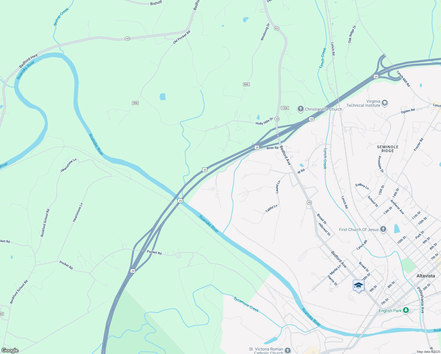 map of restaurants, bars, coffee shops, grocery stores, and more near 105 River Road in Altavista