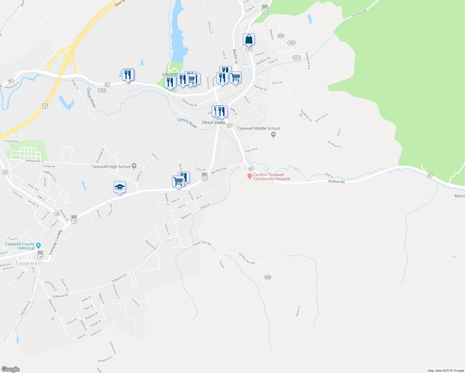 map of restaurants, bars, coffee shops, grocery stores, and more near 121 Ben Bolt Avenue in Tazewell