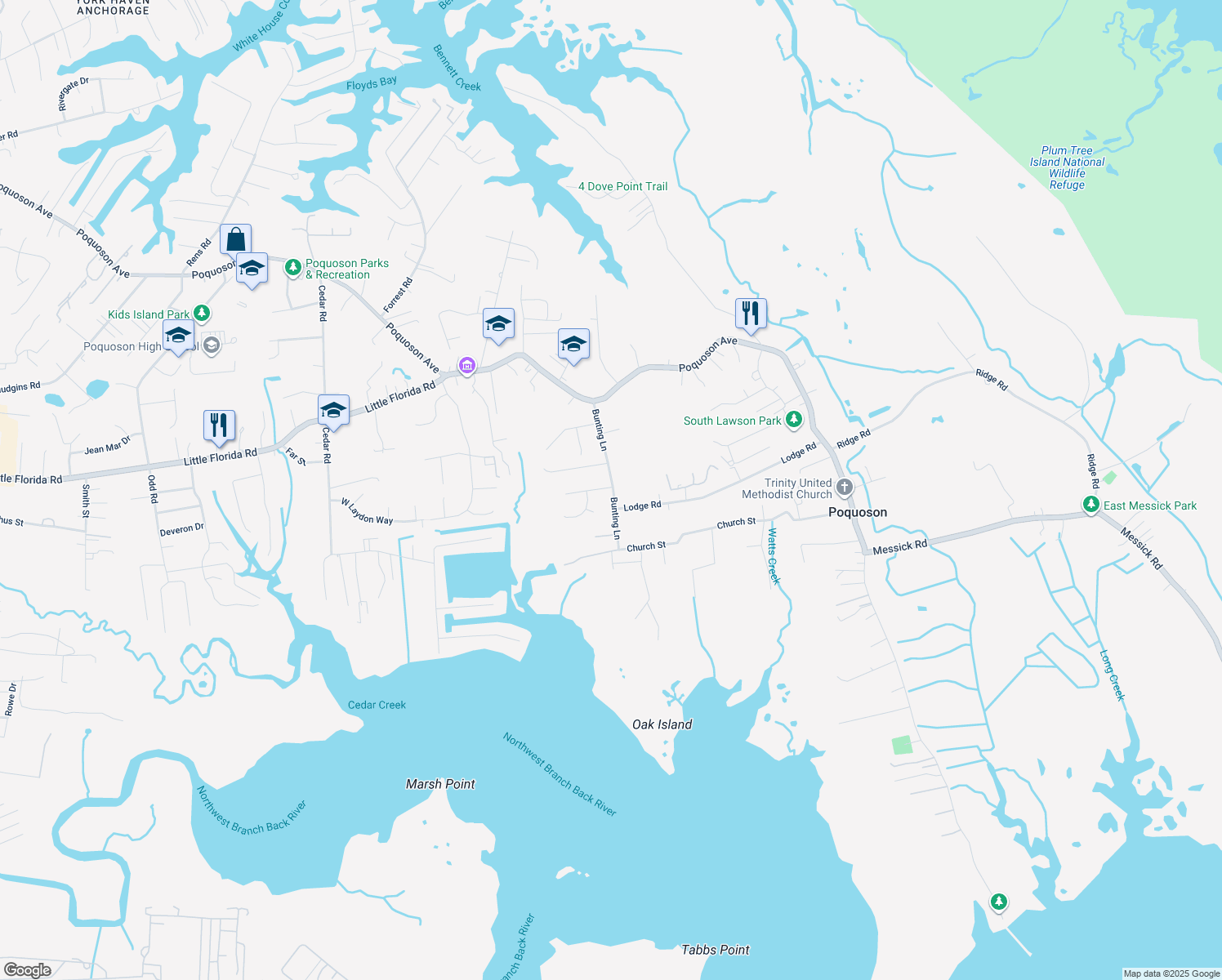 map of restaurants, bars, coffee shops, grocery stores, and more near 56 Bunting Lane in Poquoson