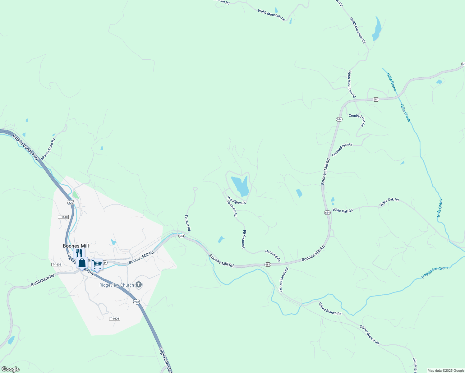 map of restaurants, bars, coffee shops, grocery stores, and more near 110 Melody Lake Drive in Boones Mill