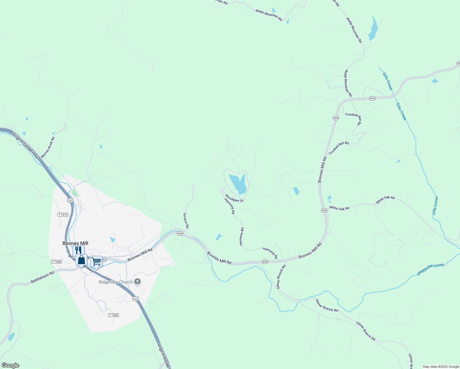 map of restaurants, bars, coffee shops, grocery stores, and more near 110 Melody Lake Drive in Boones Mill