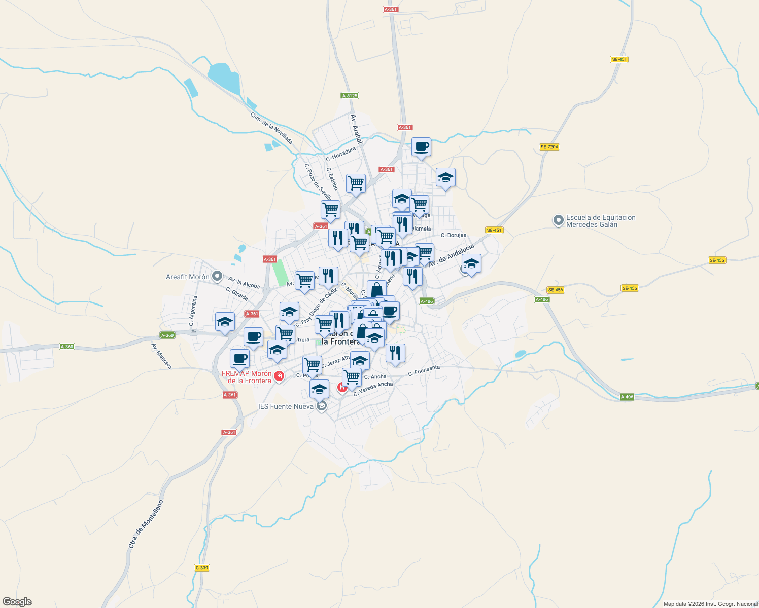 map of restaurants, bars, coffee shops, grocery stores, and more near 24 Calle Luis Daoiz in Morón de la Frontera