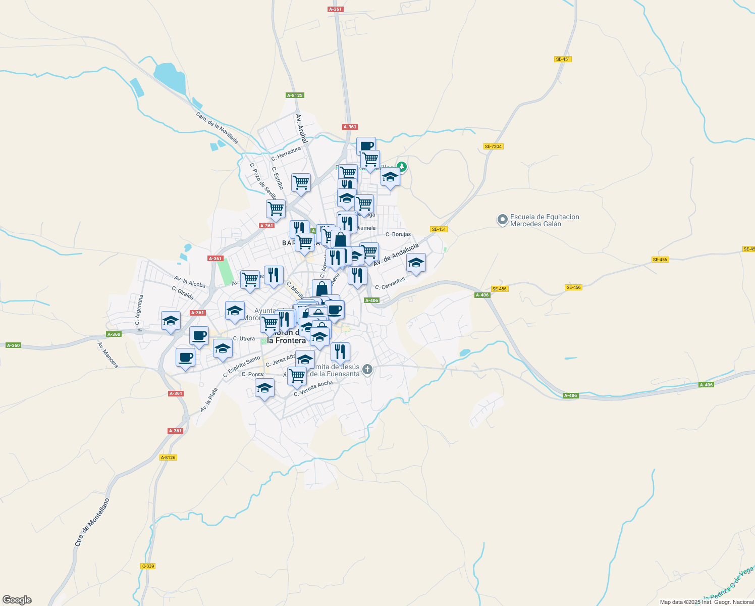 map of restaurants, bars, coffee shops, grocery stores, and more near 2 Calle Romero Ressendi in Morón de la Frontera