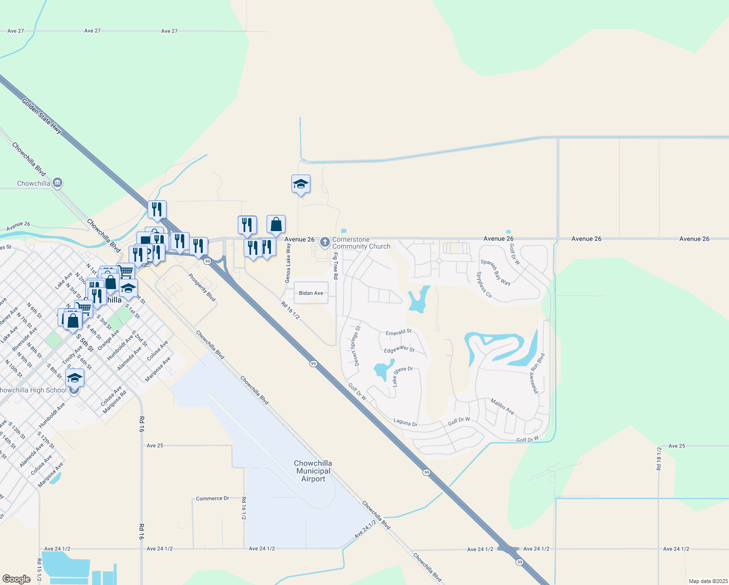 map of restaurants, bars, coffee shops, grocery stores, and more near 4310 Blackhawk Street in Chowchilla